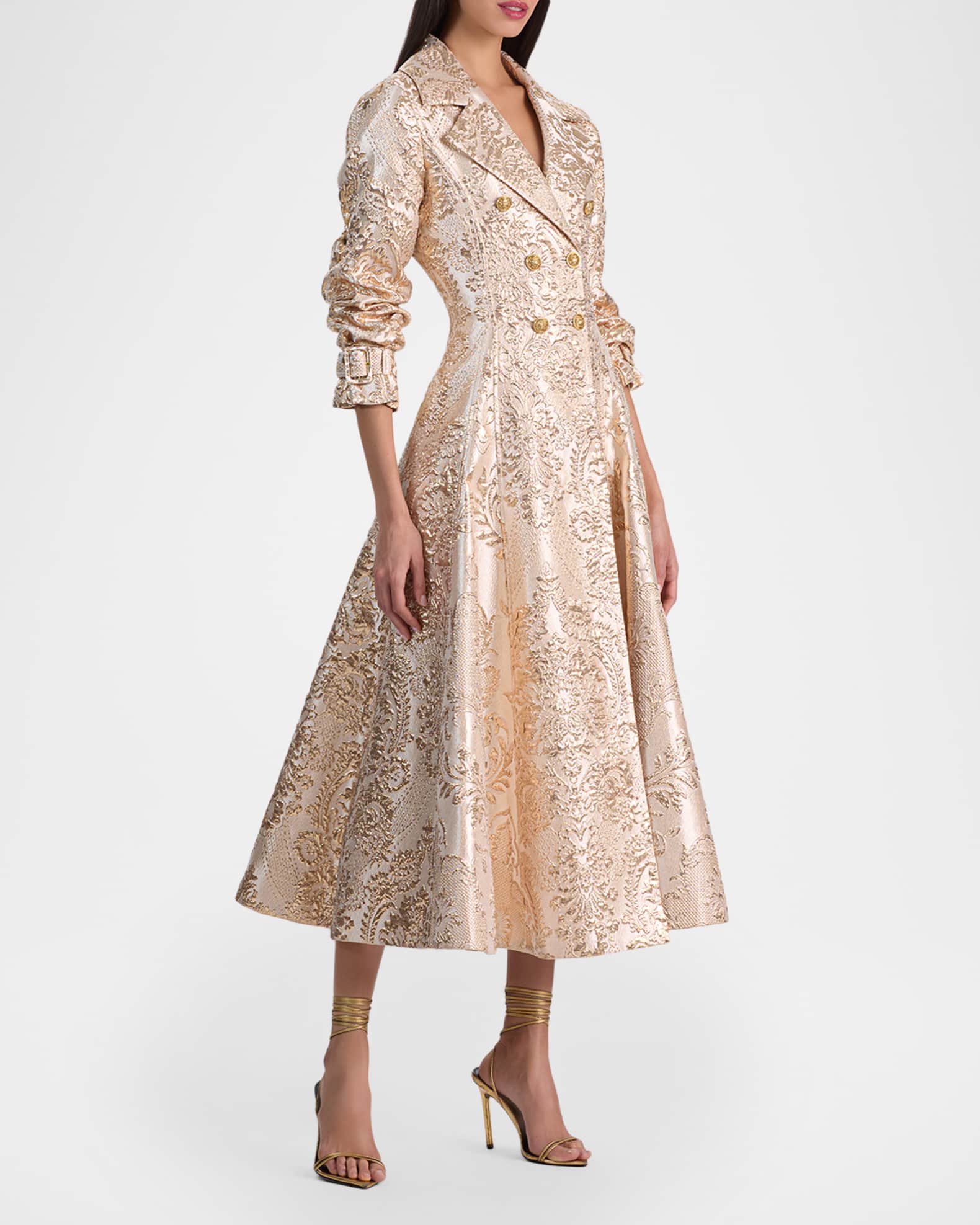 ALICE + OLIVIA Ellie Metallic Brocade Godet Trench Coat | Neiman