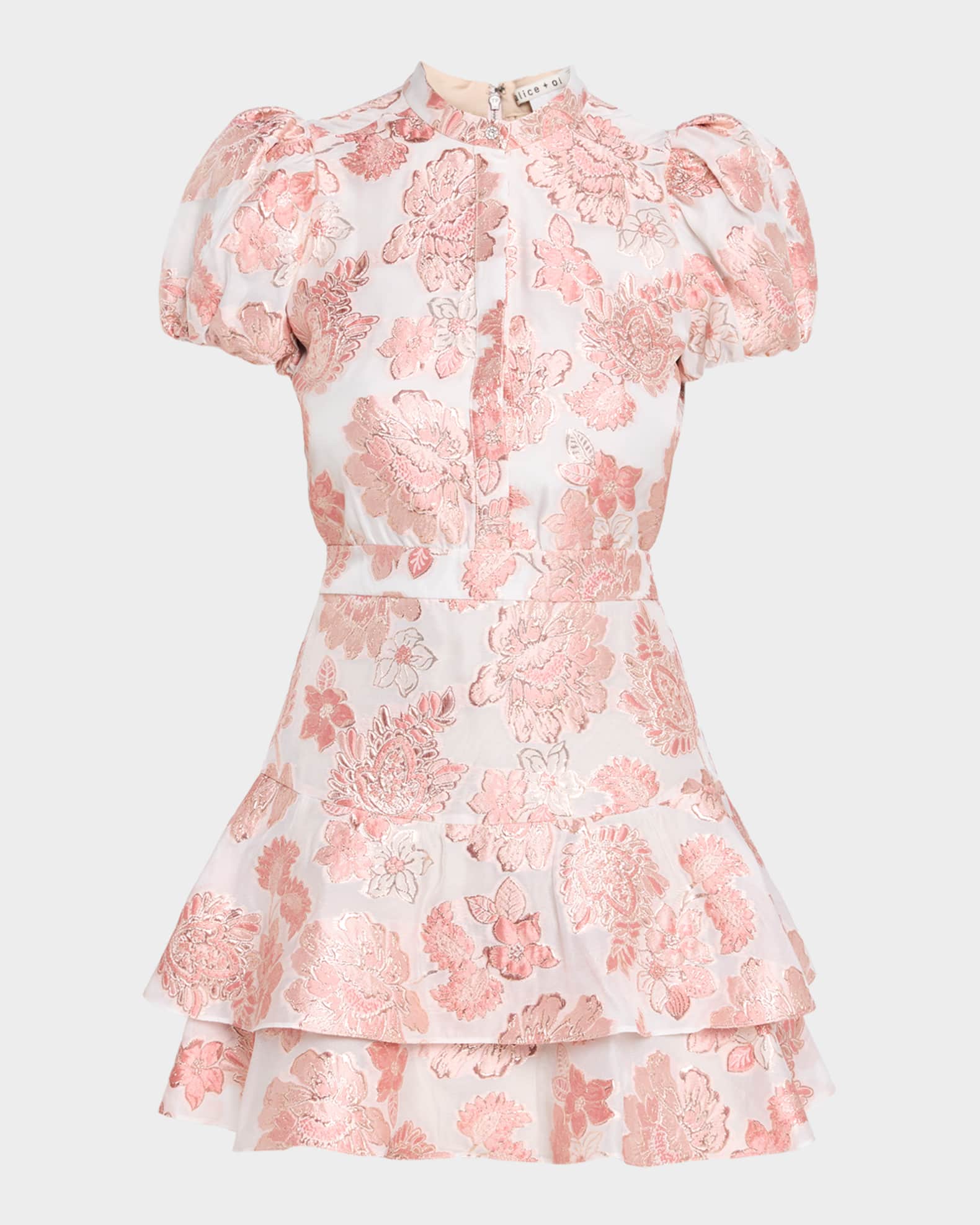 ALICE + OLIVIA Loryn Metallic Floral Puff-Sleeve Mini Dress