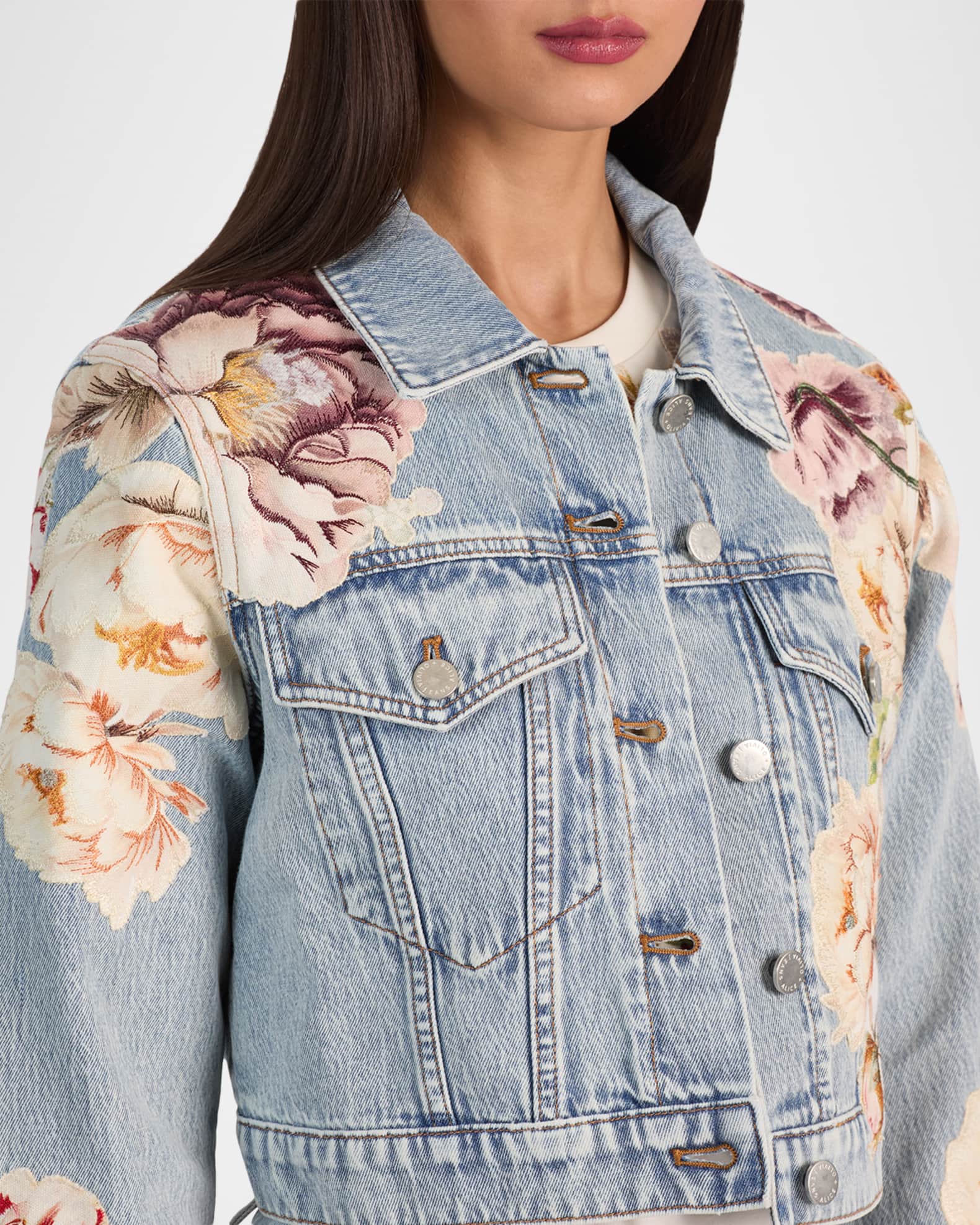 ALICE + OLIVIA Chloe Floral Embroidered Cropped Denim Jacket