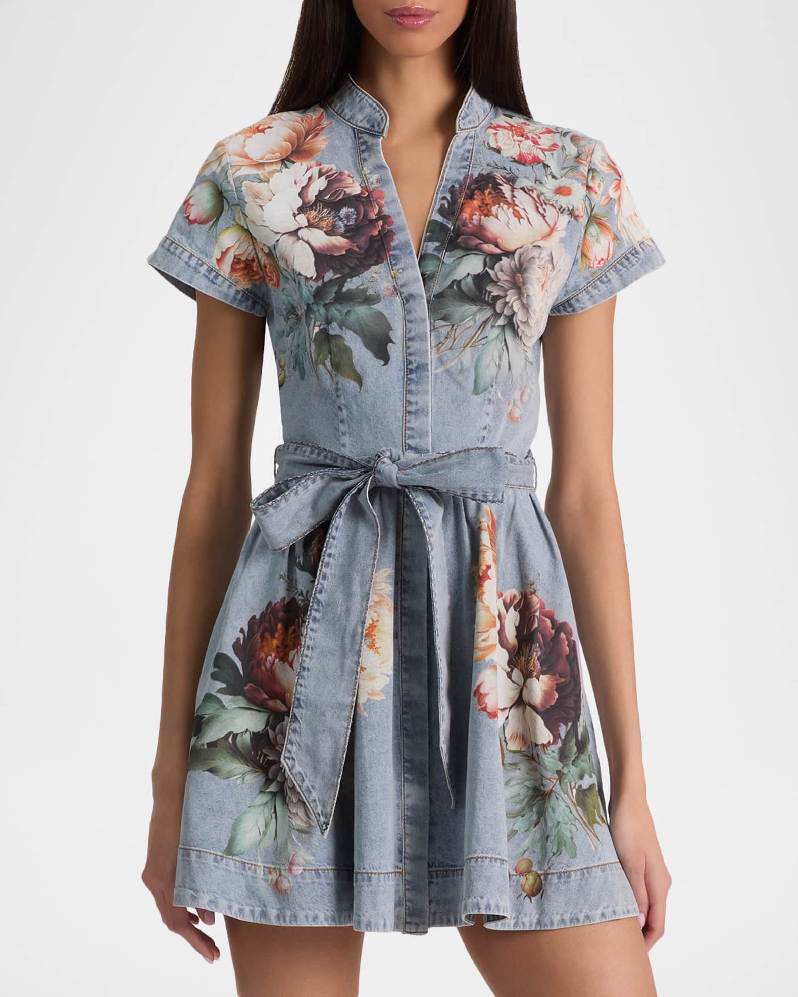 ALICE + OLIVIA Lucy Floral Denim Mini Shirtdress | Neiman Marcus