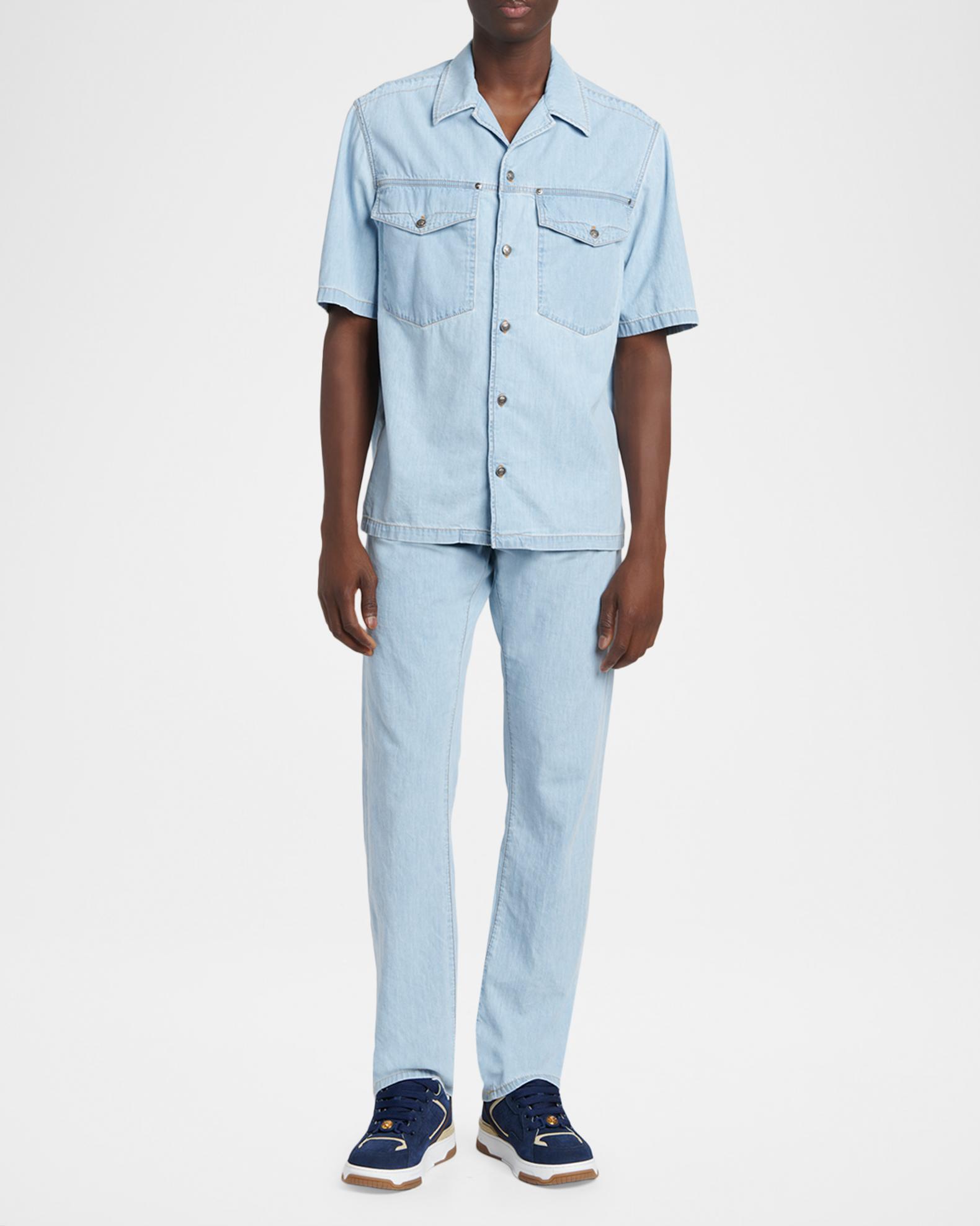 Versace Men's Embroidered-Logo Short-Sleeve Denim Shirt | Neiman
