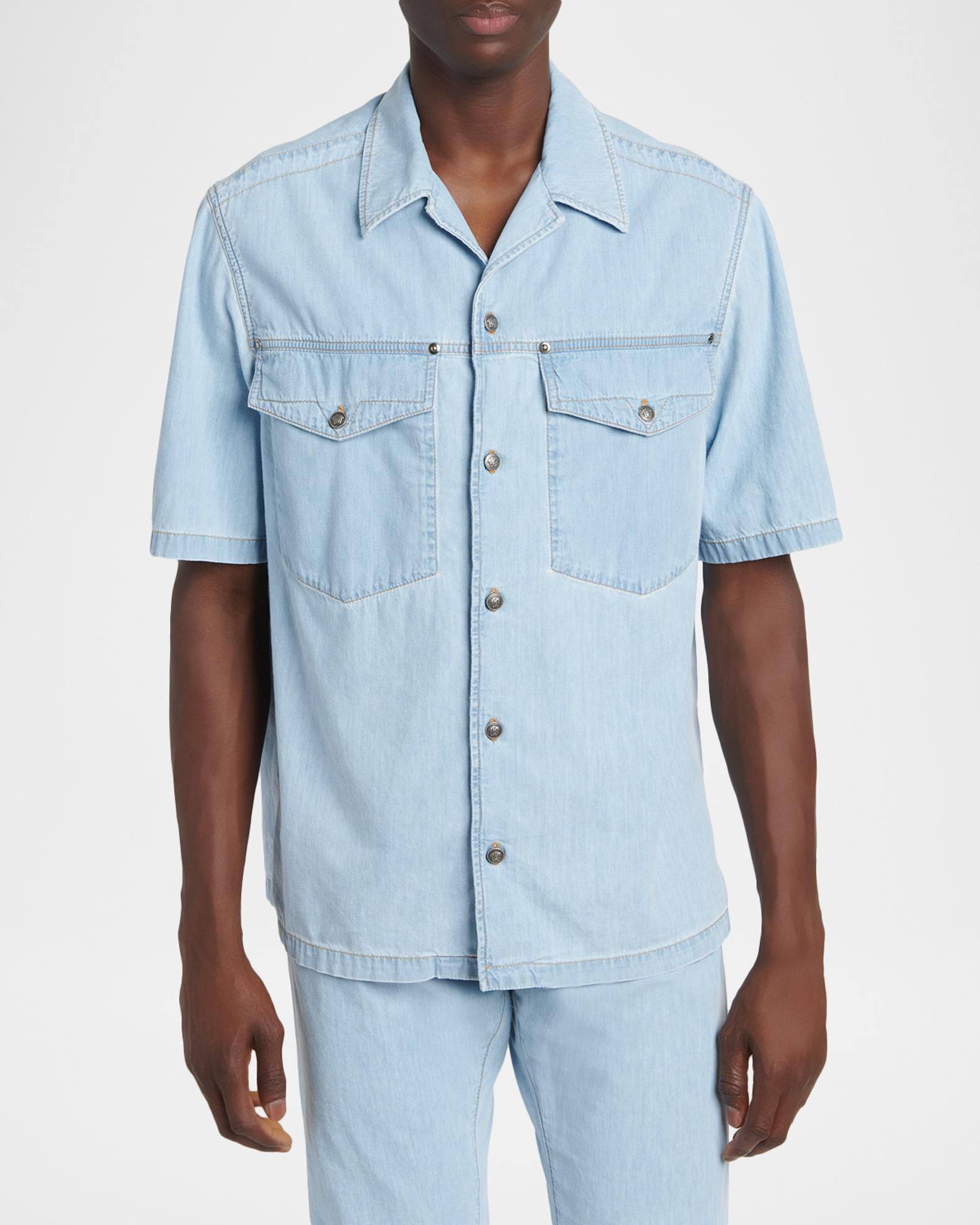 Versace Men's Embroidered-Logo Short-Sleeve Denim Shirt | Neiman
