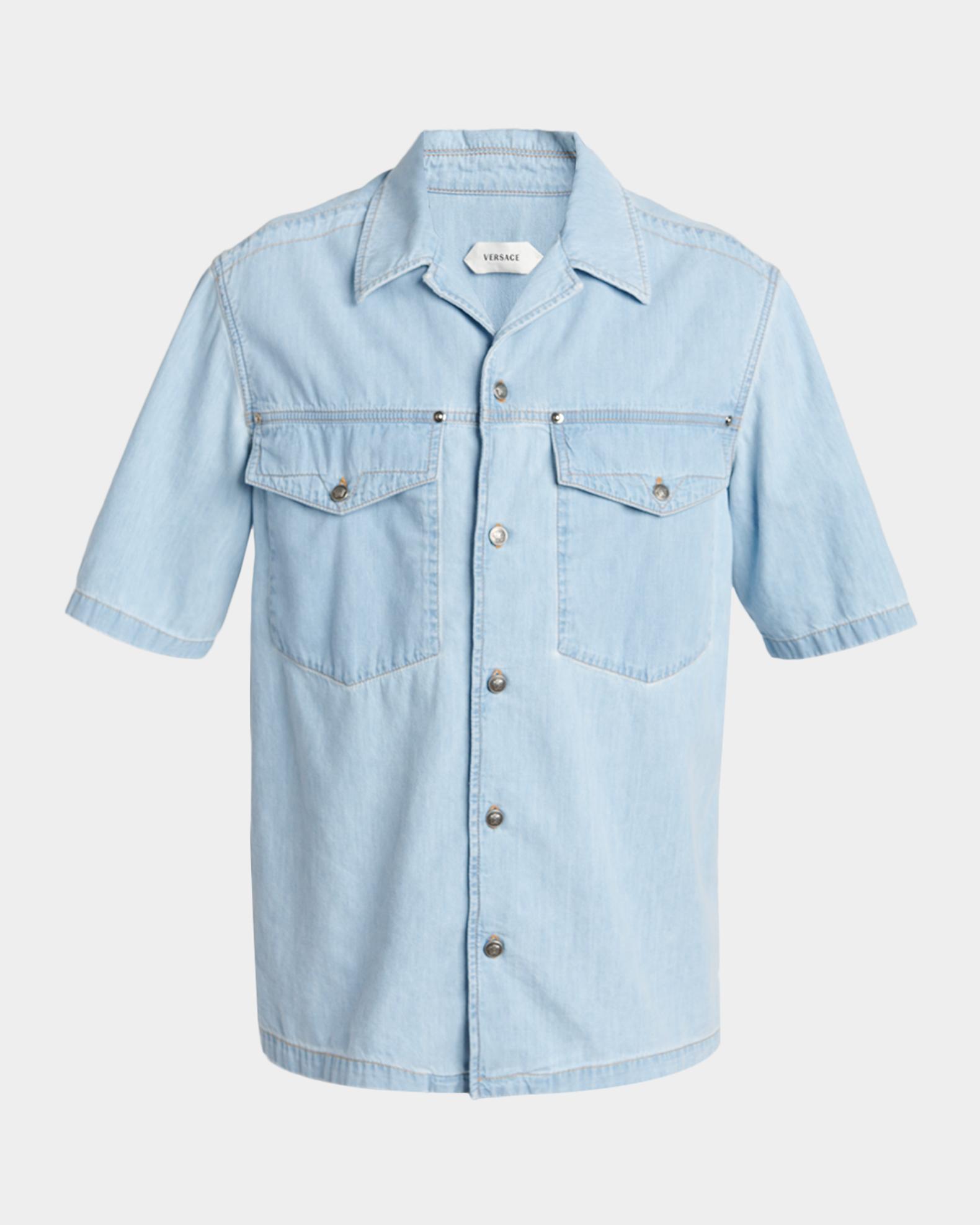 Versace Men's Embroidered-Logo Short-Sleeve Denim Shirt | Neiman