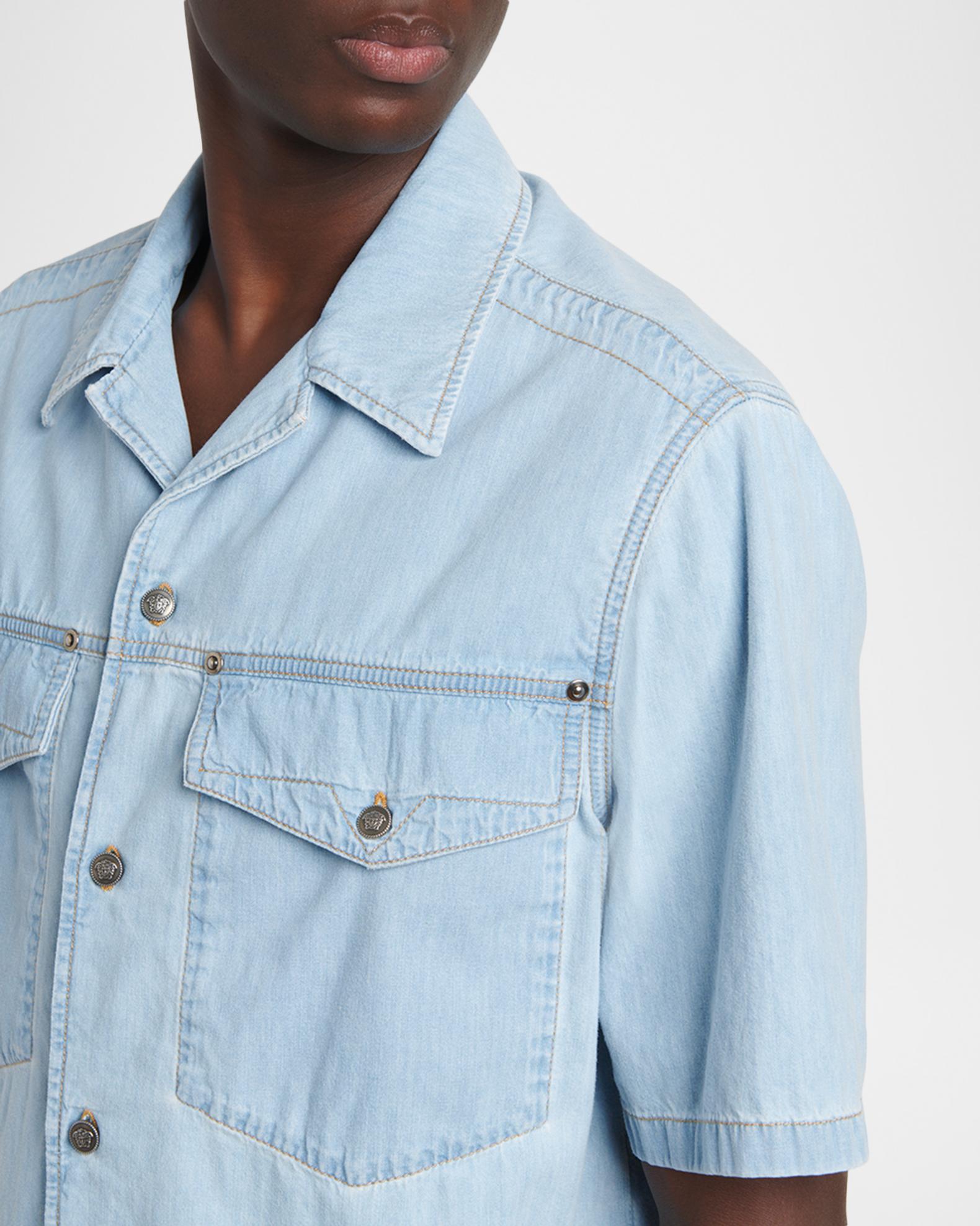 Versace Men's Embroidered-Logo Short-Sleeve Denim Shirt | Neiman