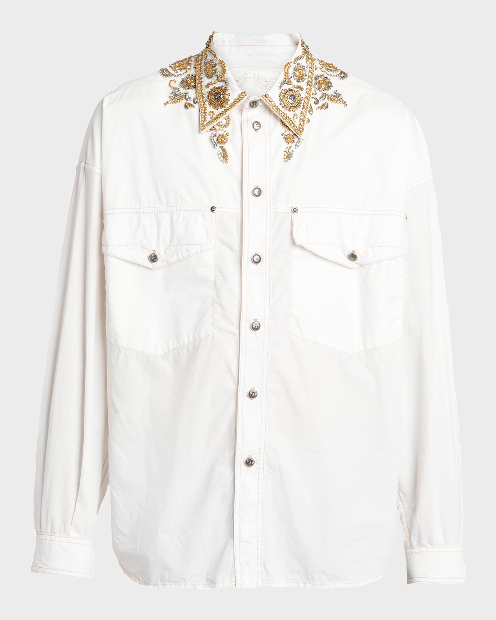Versace Men's Embroidered Point Collar Cotton Shirt - White