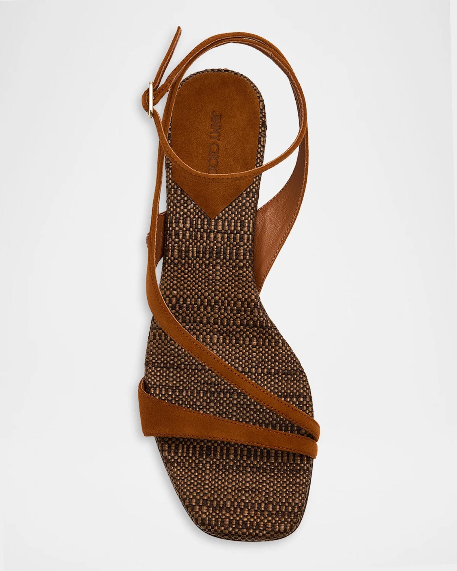 Jimmy Choo 45mm Faye Suede and Raffia Asymmetric Ankle-Strap