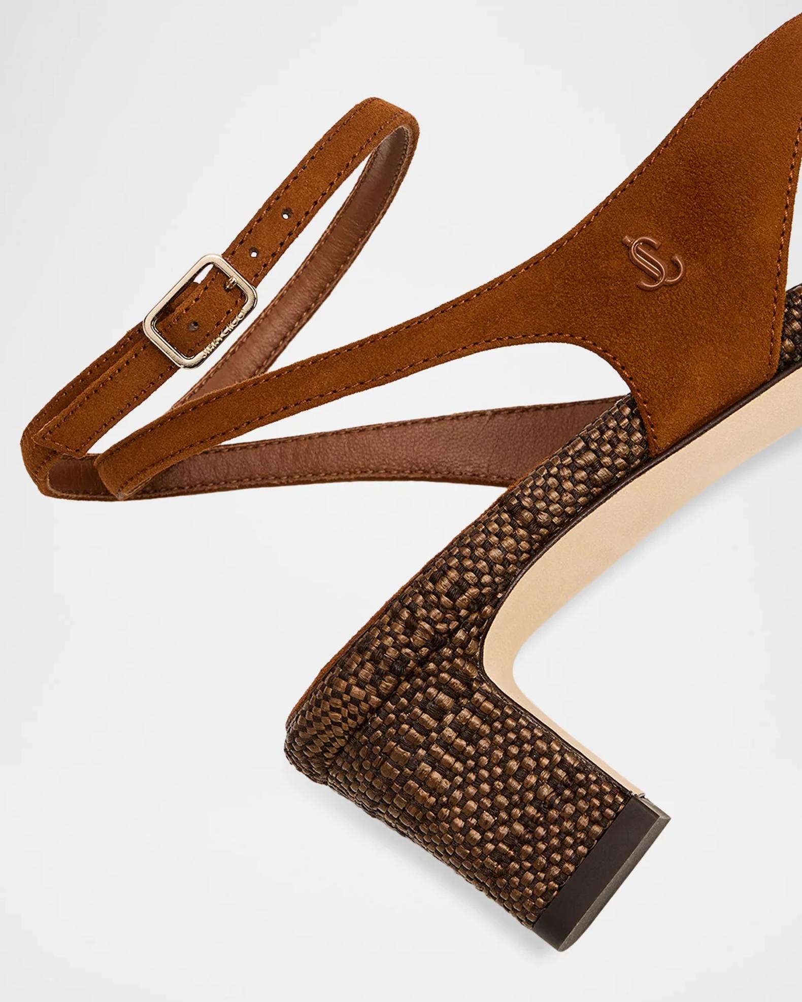 Jimmy Choo 45mm Faye Suede and Raffia Asymmetric Ankle-Strap