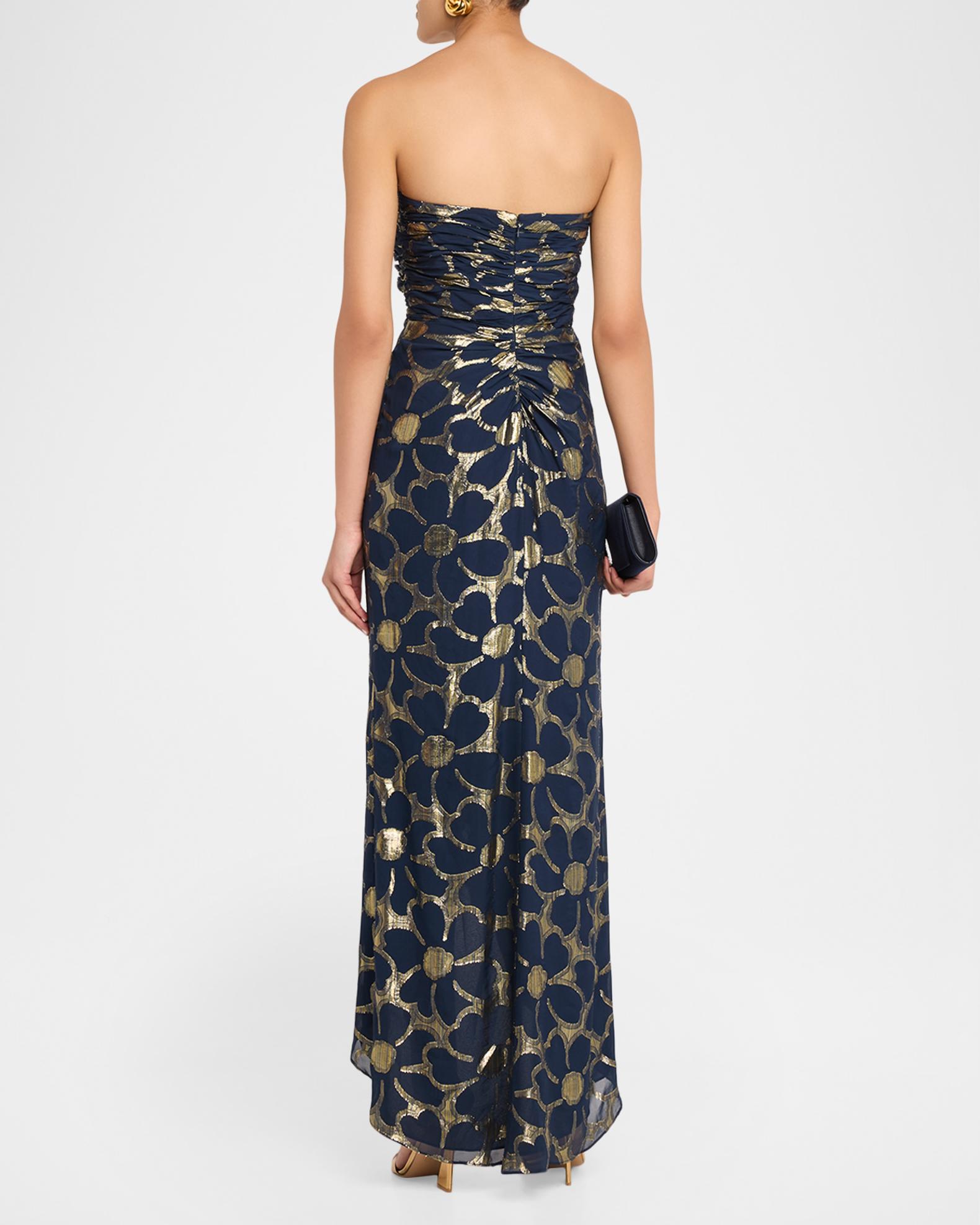laurelin black floral jacquard pleated strapless maxi dress Strapless Floral Jacquard Gown With Metallic Shine 48175