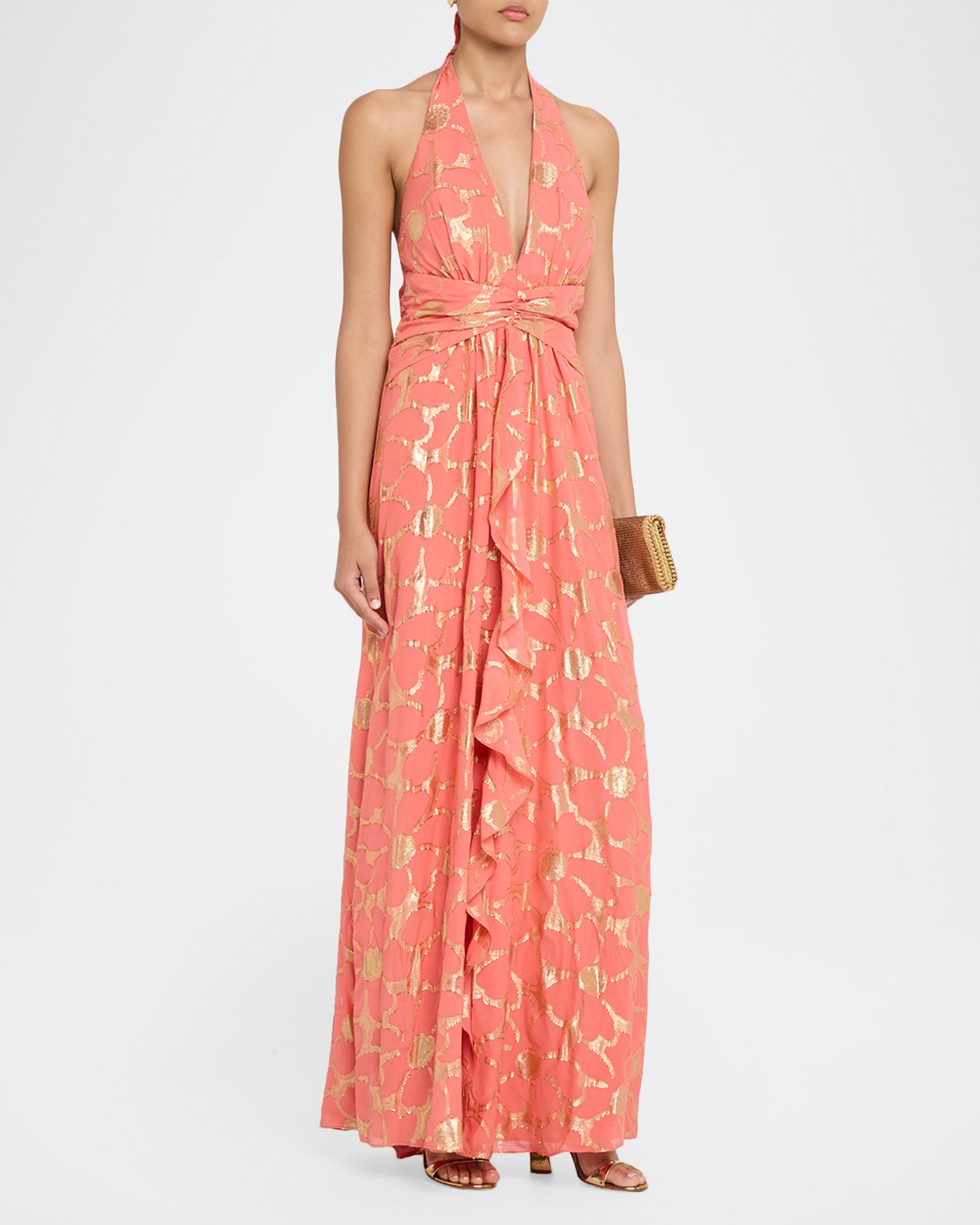 metallic floral halter dress Pink Metallic Floral Jacquard Halter Cutout Mini Dress