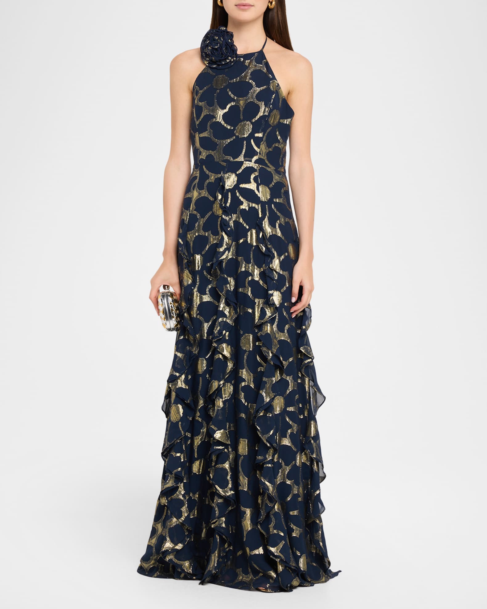 Ramy Brook Idella Ruffle-Trim Metallic Floral Halter Gown | Neiman