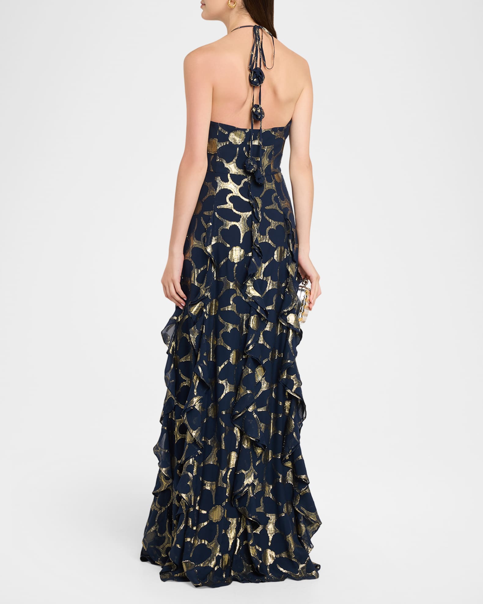 Ramy Brook Idella Ruffle-Trim Metallic Floral Halter Gown | Neiman Marcus