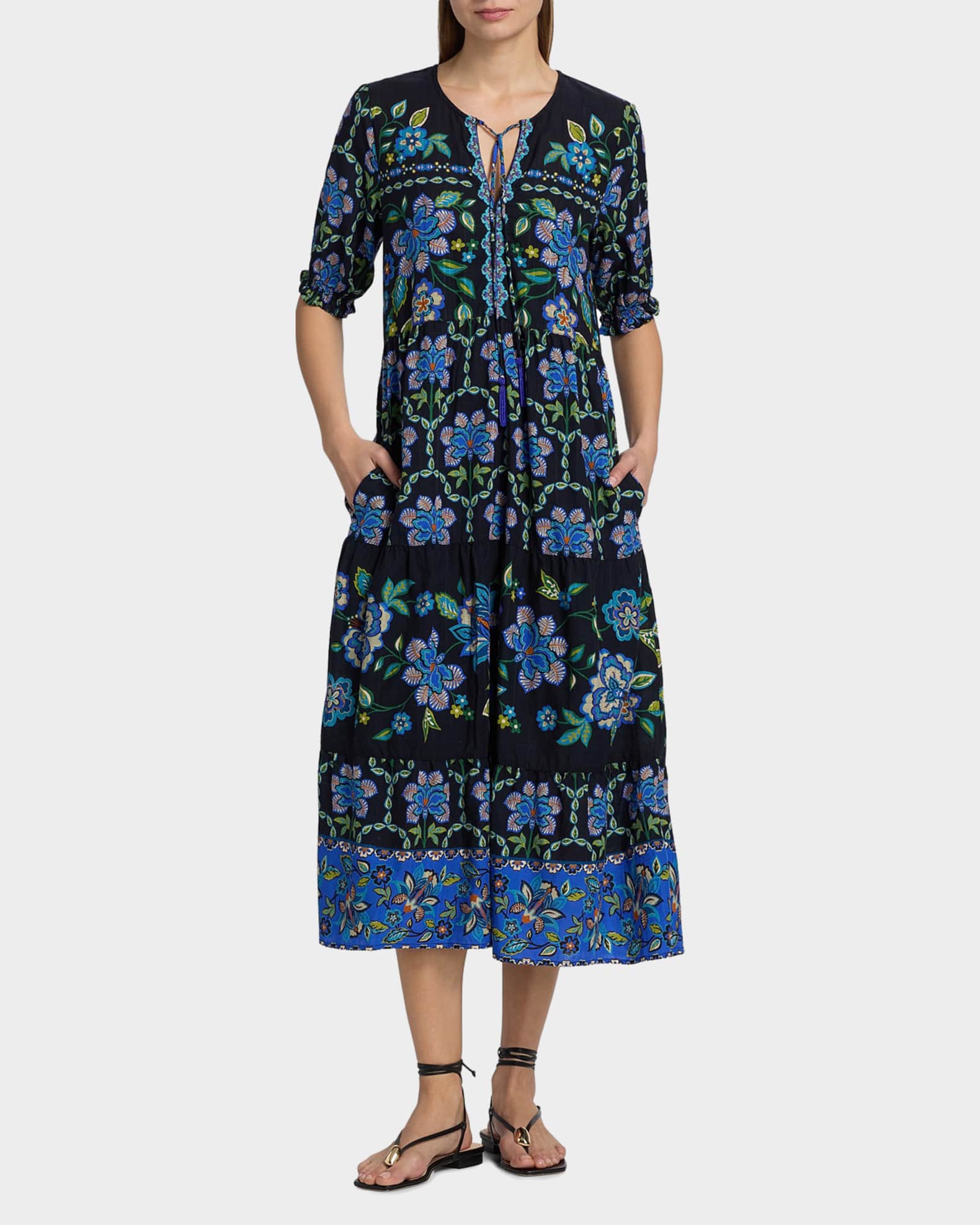 Johnny Was Tiered Floral-Print Midi Dress | Neiman Marcus