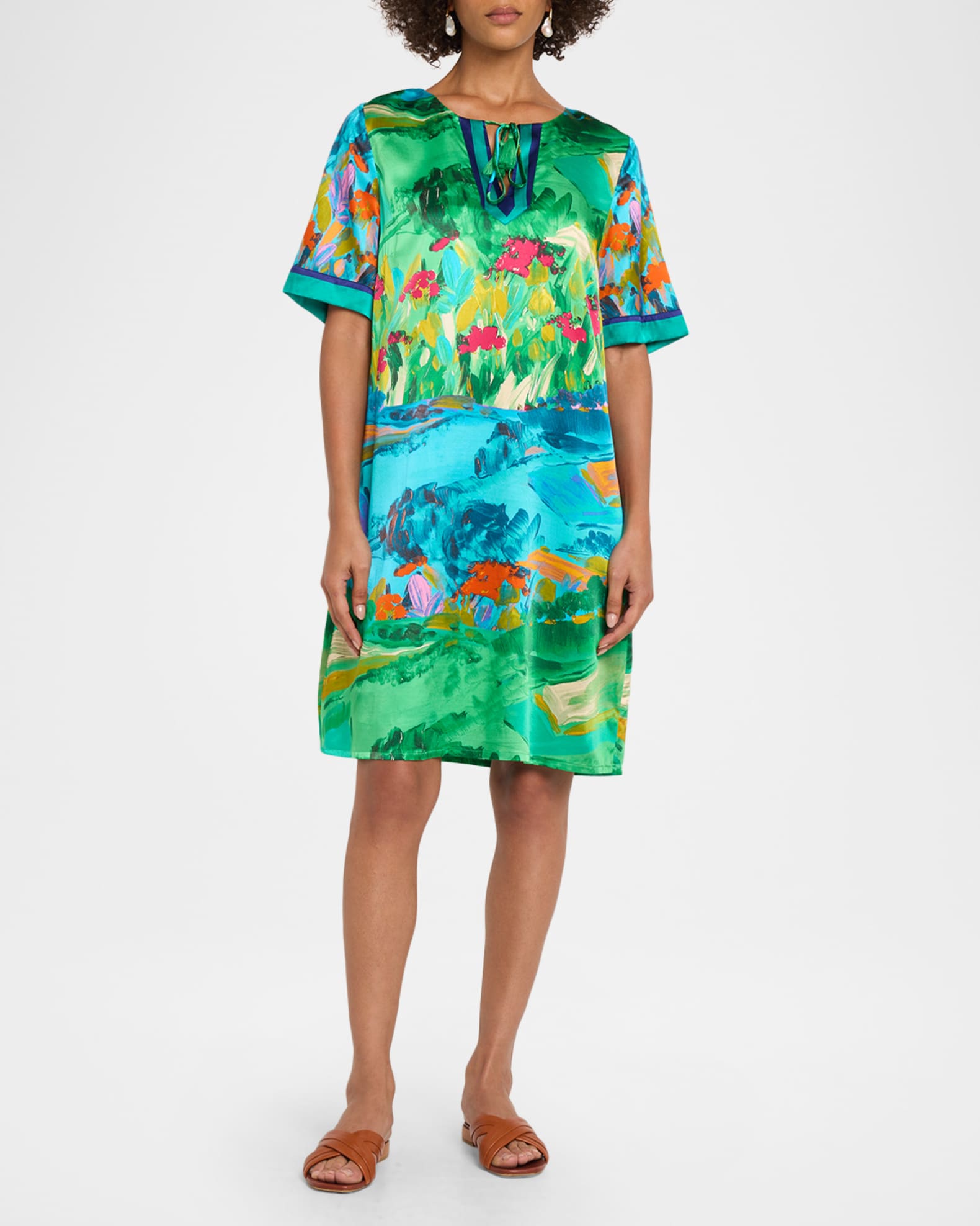 Johnny Was Roseum Printed Silk Short-Sleeve Shift Dress | Neiman Marcus