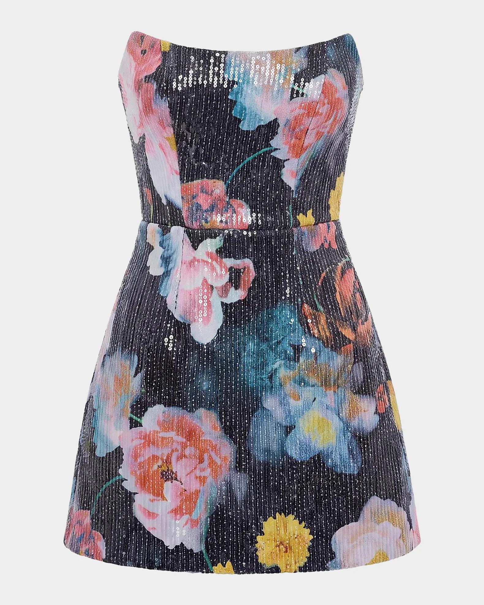 Dress the Population Black Label Amity Strapless Floral-Print Sequin ...