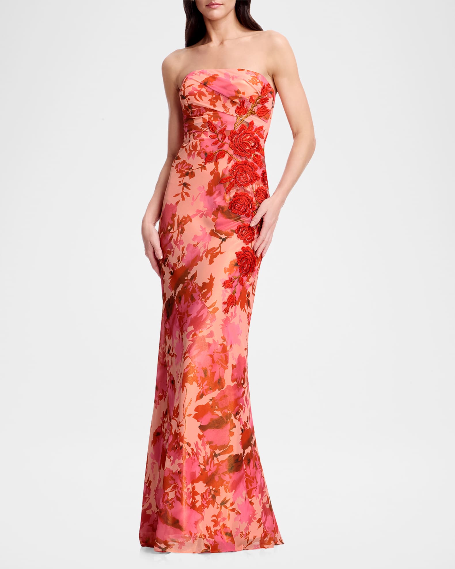 Dress the Population Black Label Kinley Strapless Floral-Print Chiffon Gown  | Neiman Marcus