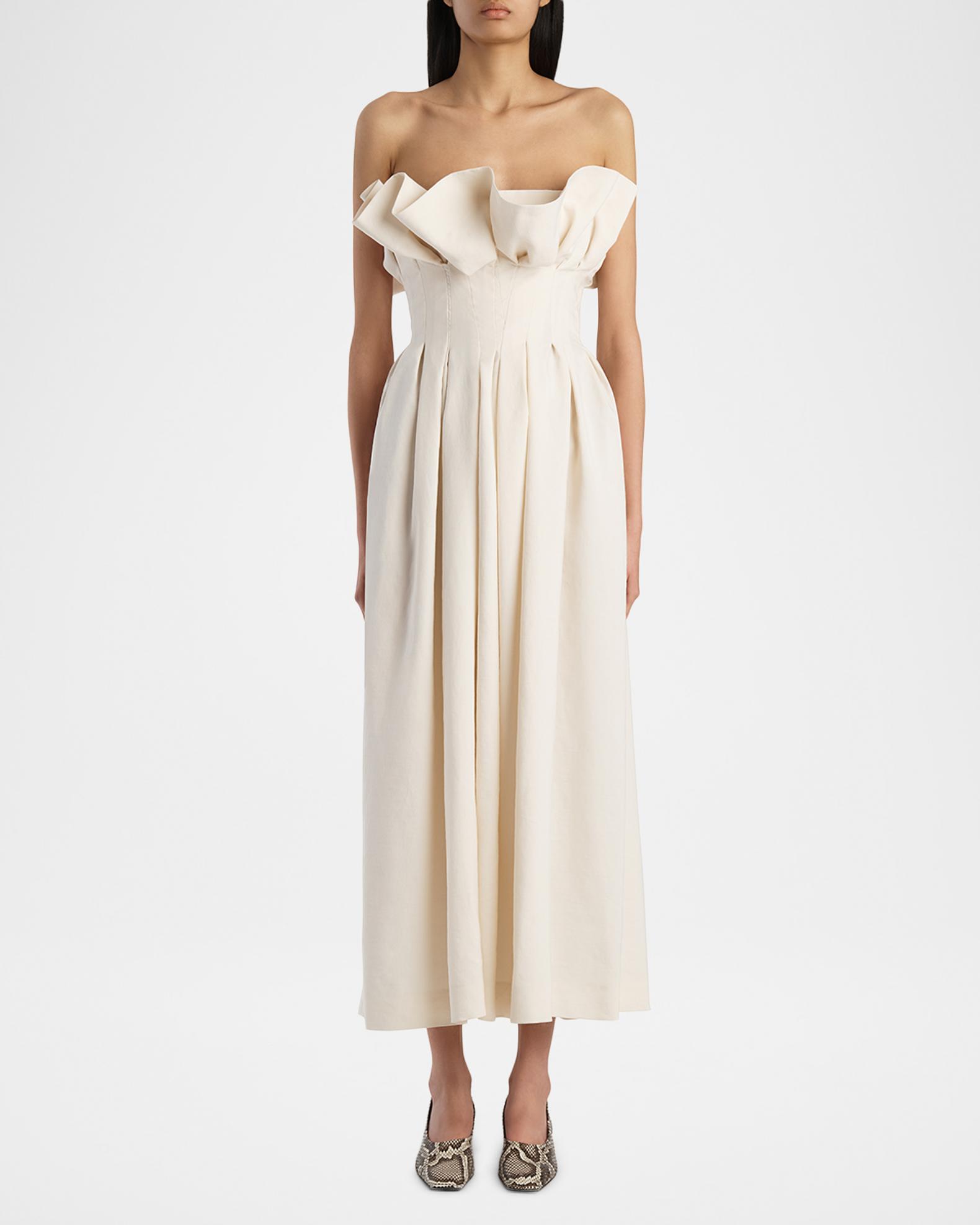 butter yellow linen dress August night while voluminous sleeves and Reformation Veria Silk Dress, Color:Rustic Brown Wood Grain Print Cape Sleeve