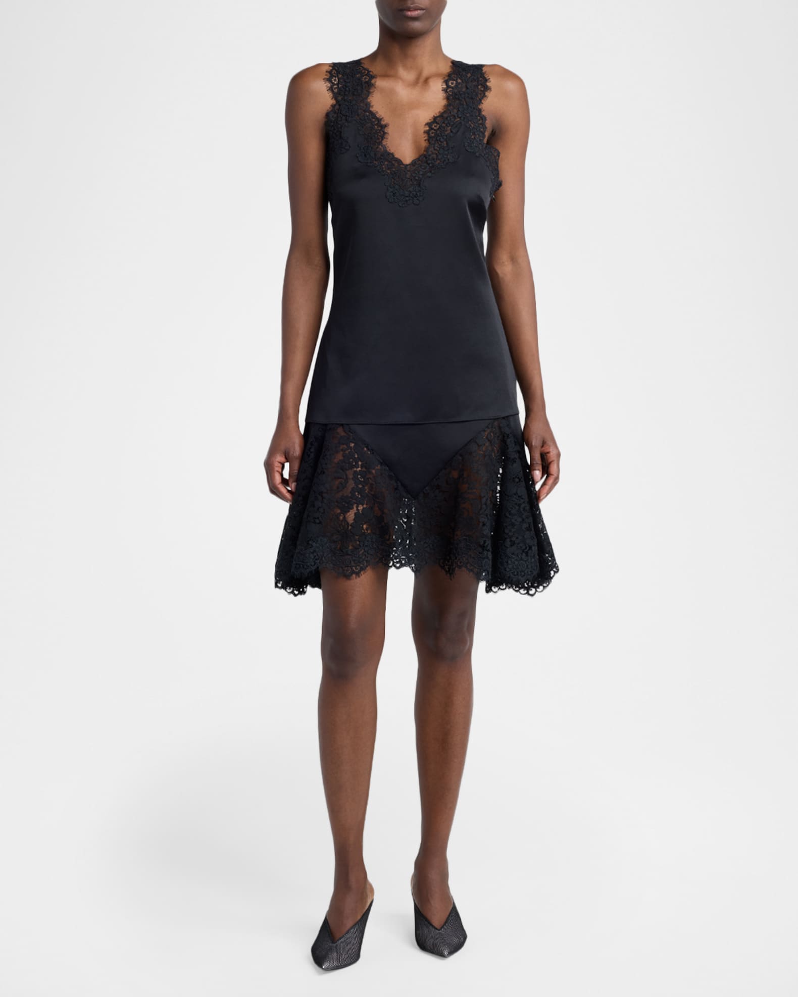 Stella McCartney V-Neck Lace-Trim Satin Sleeveless Top | Neiman Marcus