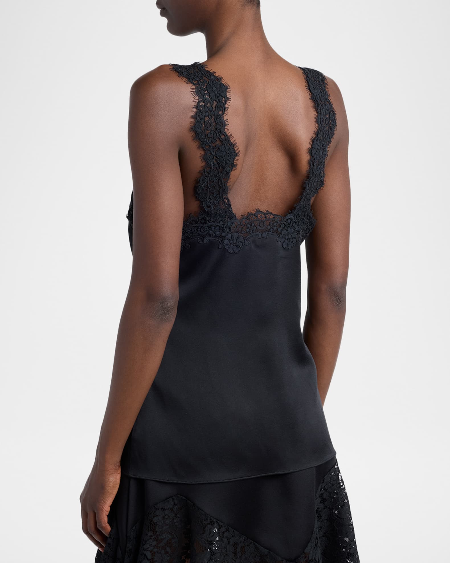 Stella McCartney V-Neck Lace-Trim Satin Sleeveless Top | Neiman Marcus