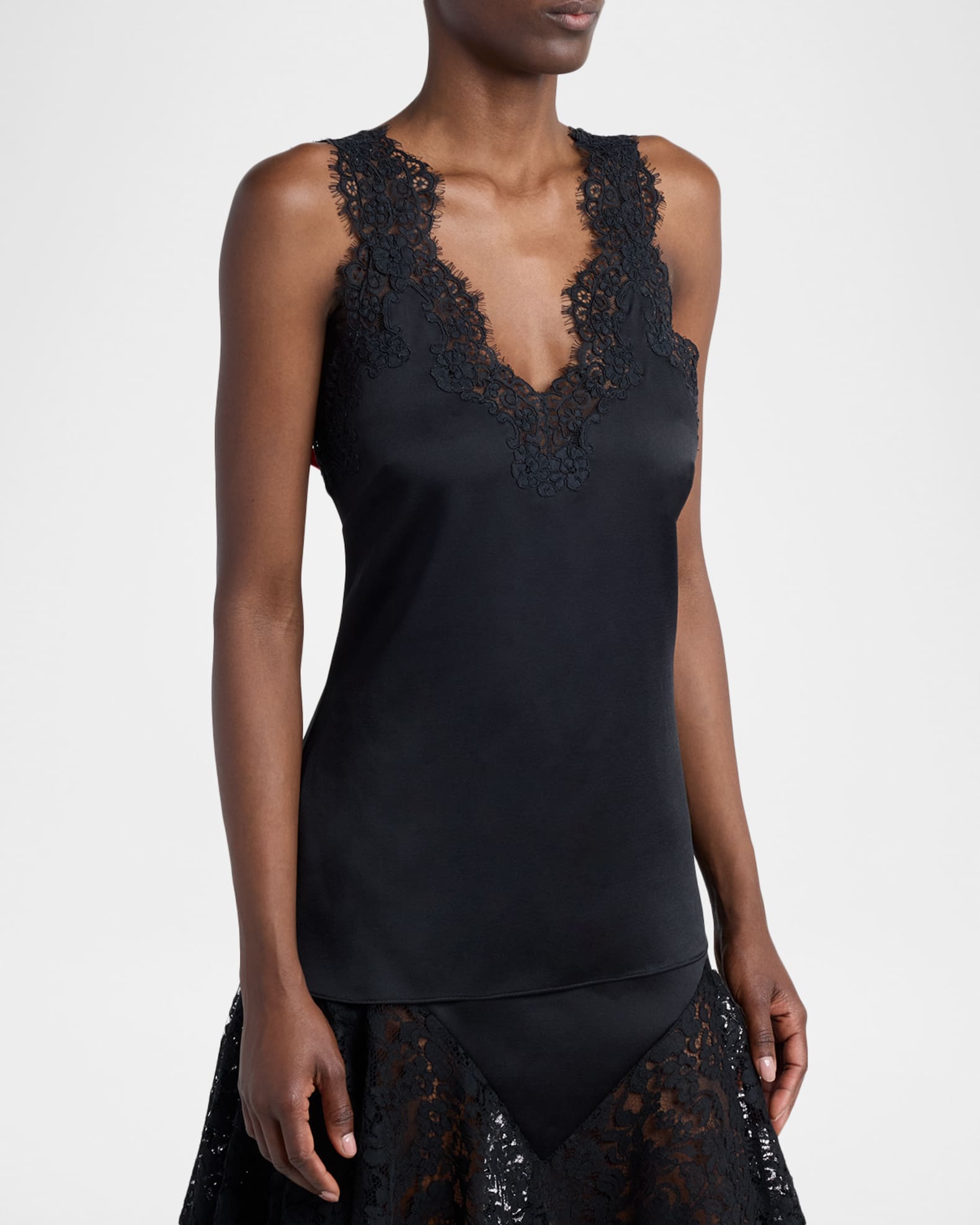 Stella McCartney V-Neck Lace-Trim Satin Sleeveless Top | Neiman Marcus