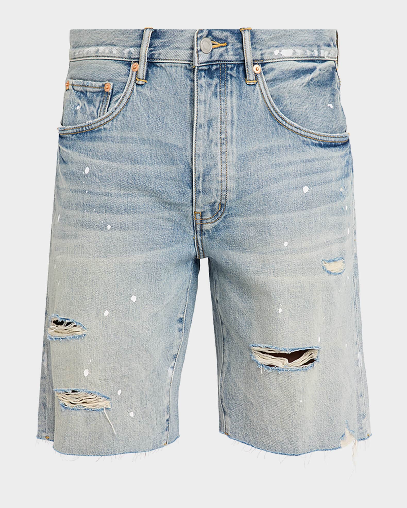 PURPLE Men's Painterly Distressed Denim Shorts | Neiman Marcus