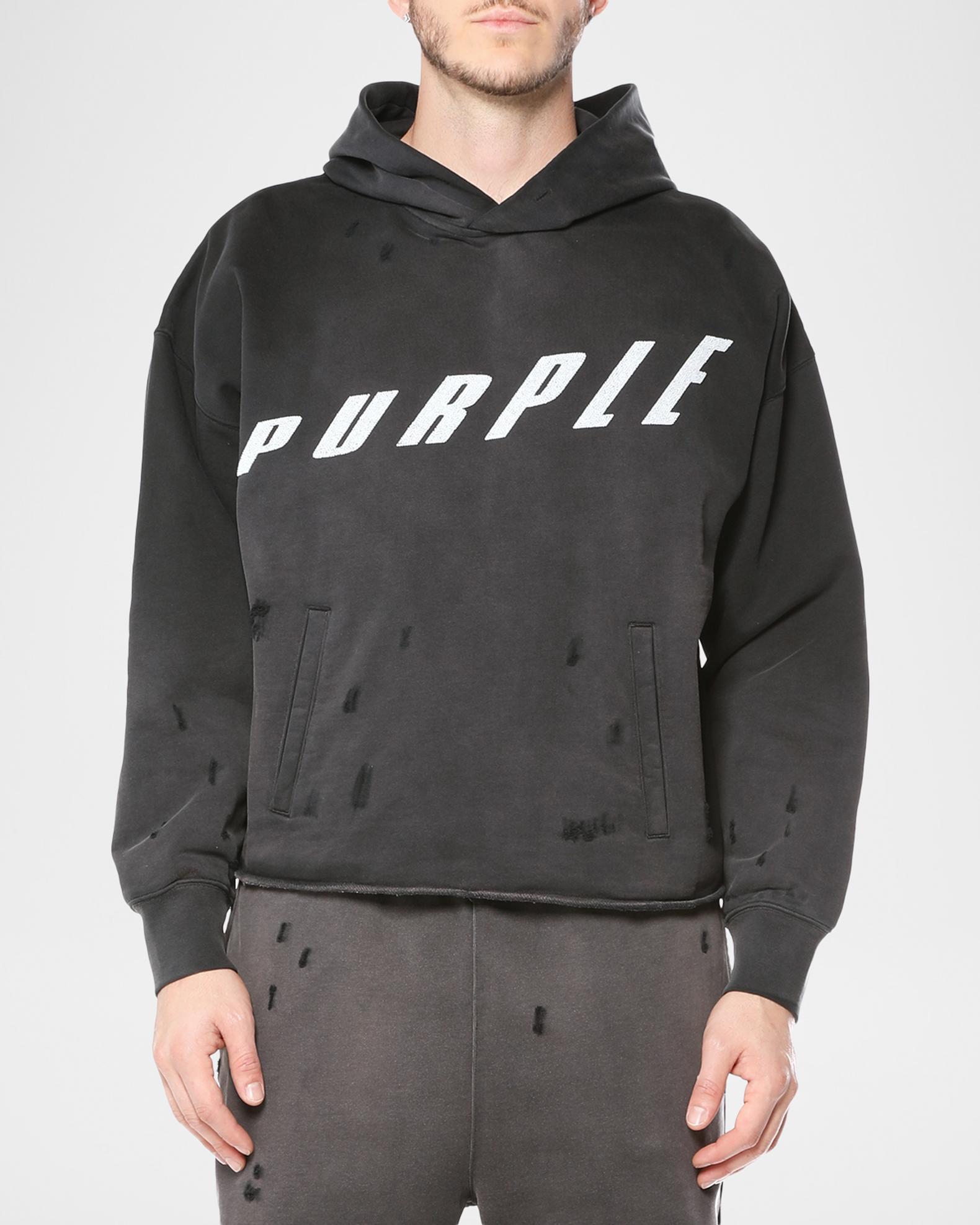 PURPLE Men's Slanted Logo Distressed Fleece Hoodie | Neiman Marcus