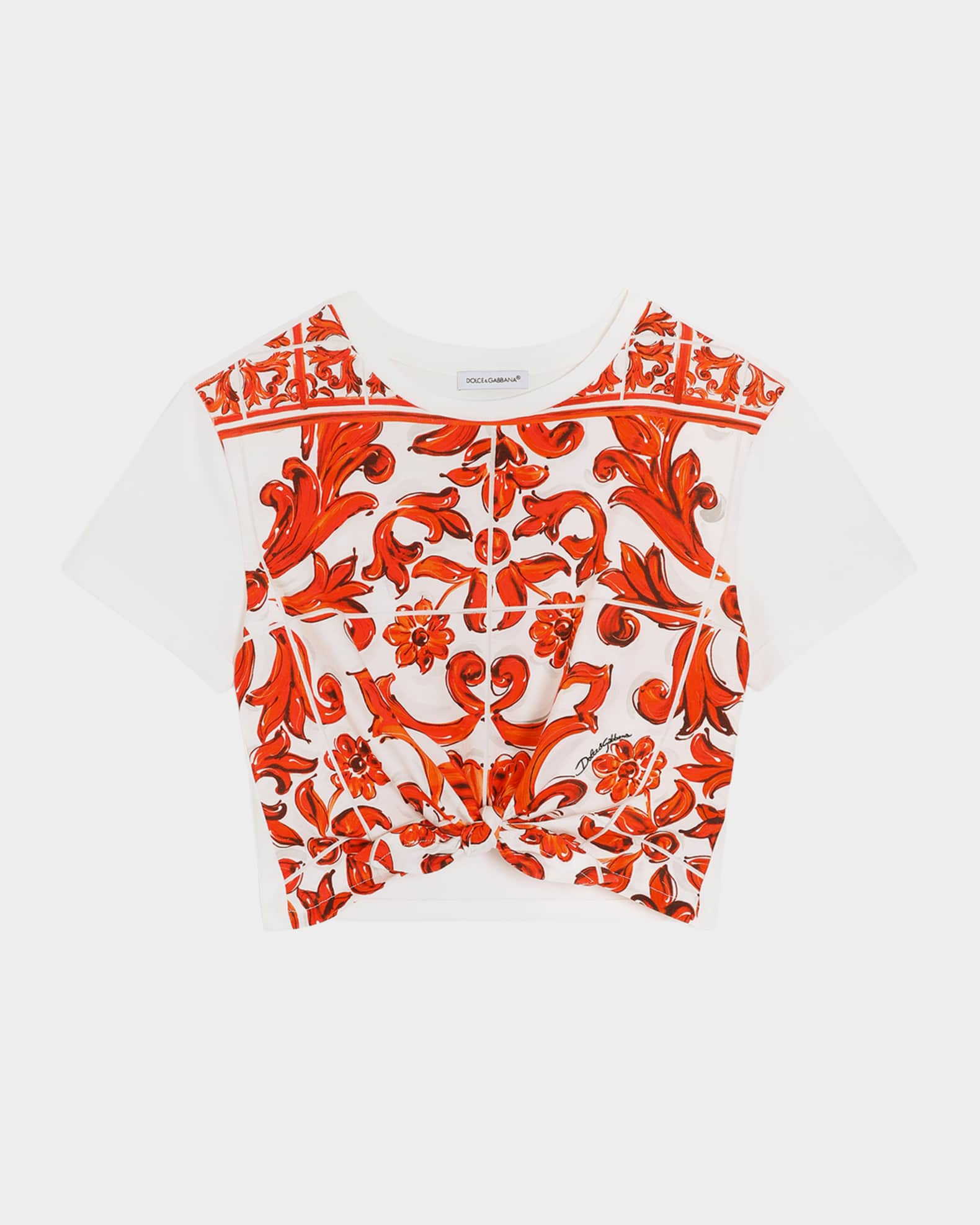 Dolce&Gabbana Girl's Majolica-Print Cropped T-Shirt, Size 4-6