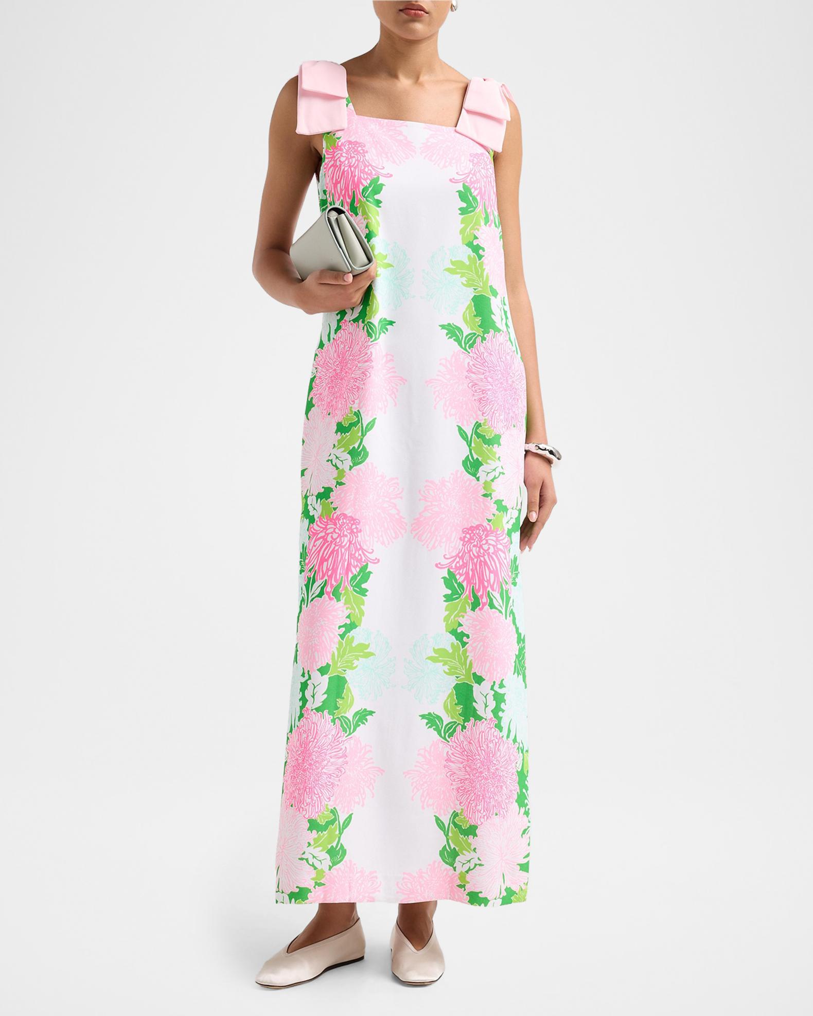 lilly pulitzer maxi dress Bernice Stetson Denim Button Front Color:Oatmeal Beige Floral swatch:midnight-white-stripe 56 from top of