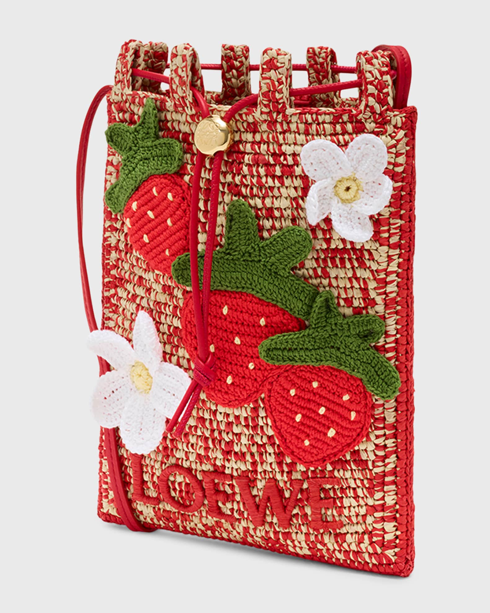 【希少】LOEWE × Paula's Ibiza ウエストポーチ 総柄 Loewe x Paula's Ibiza Strawberry Applique Raffia Pouch Bag