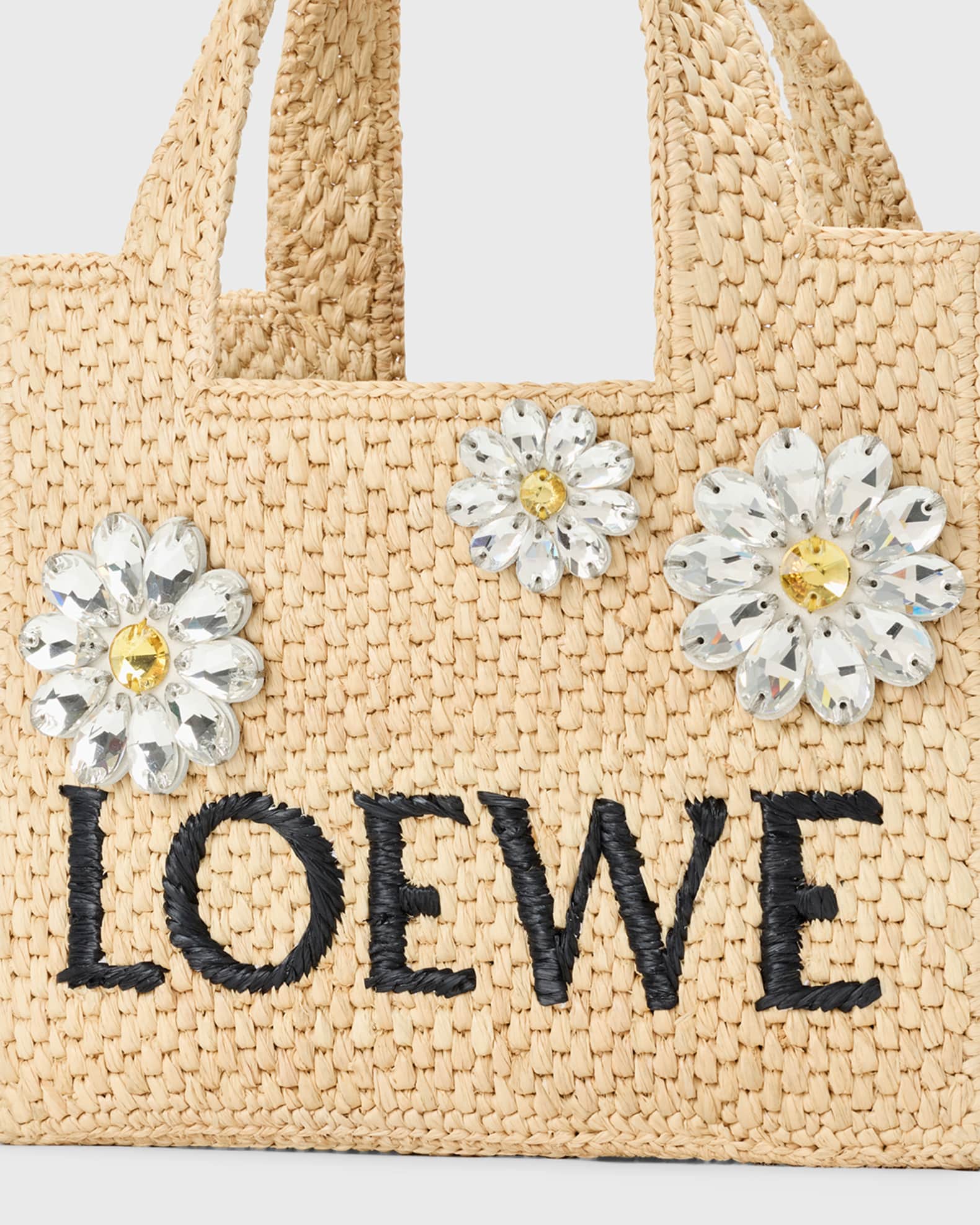 Loewe x Paula's Ibiza Crystal Floral Applique Raffia Tote Bag