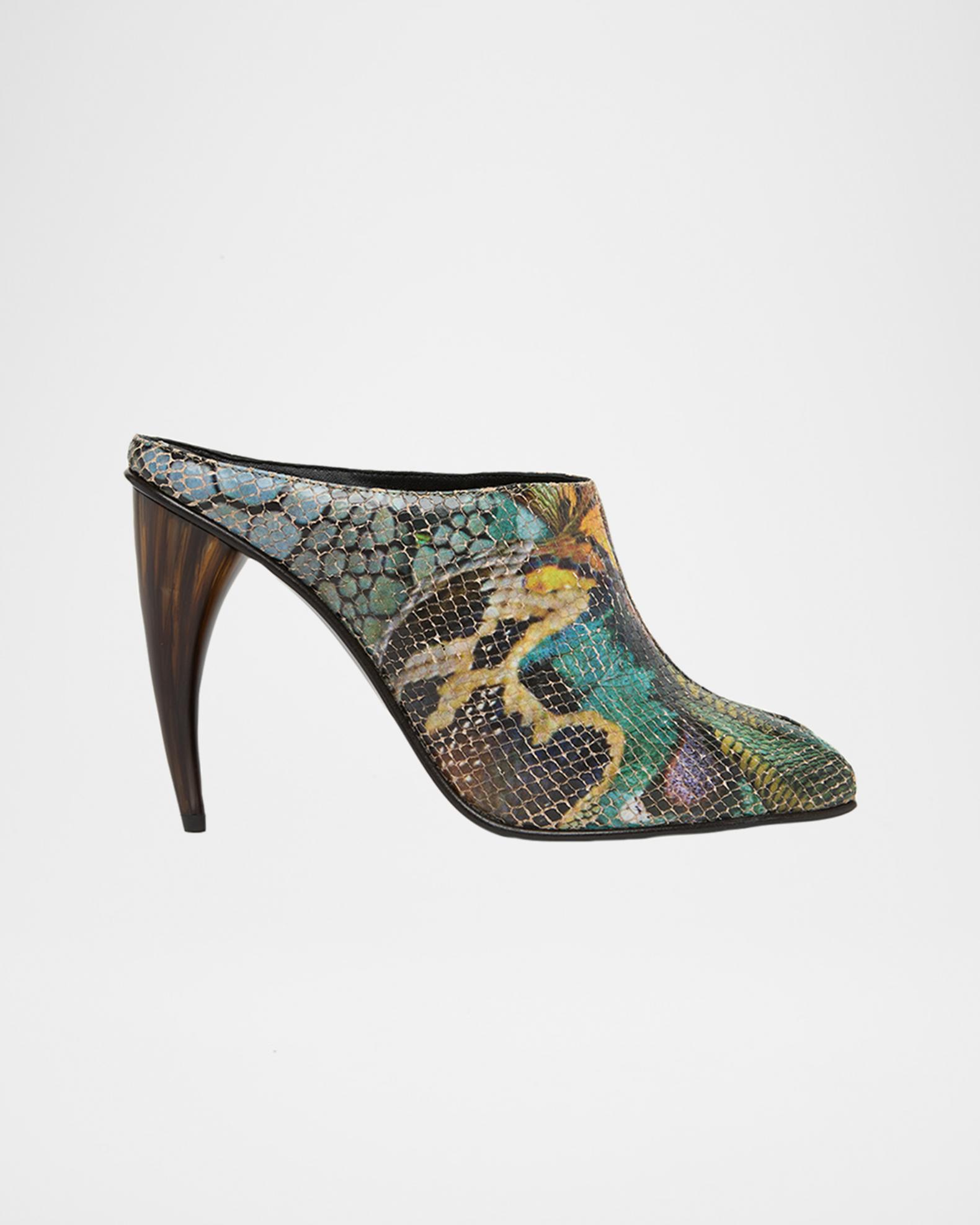 McQueen 105mm Horn Heel Peep-Toe Mules | Neiman Marcus