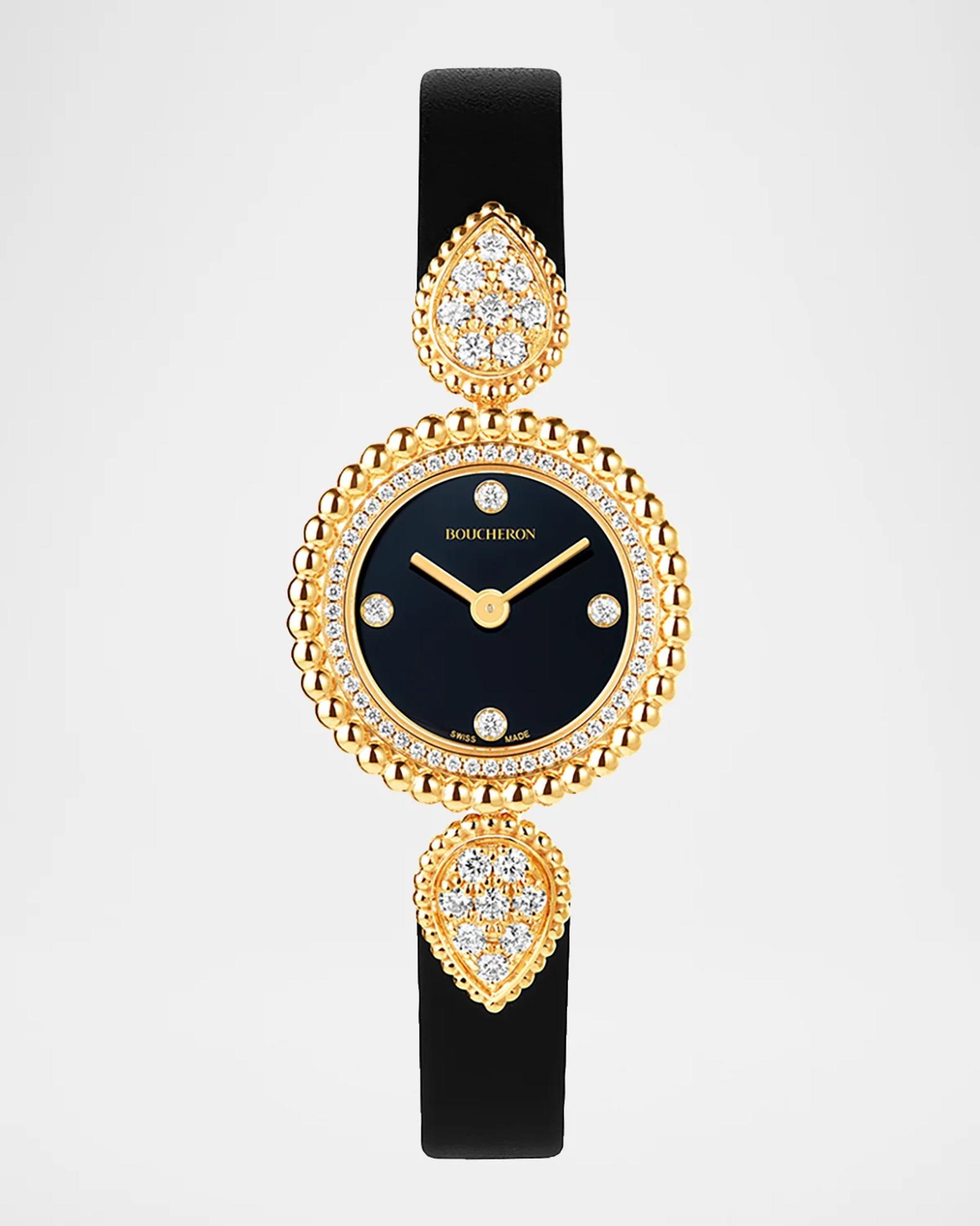 BOUCHERON YG750 時計 Boucheron Serpent Boheme 18K Yellow Gold Black Leather Watch with