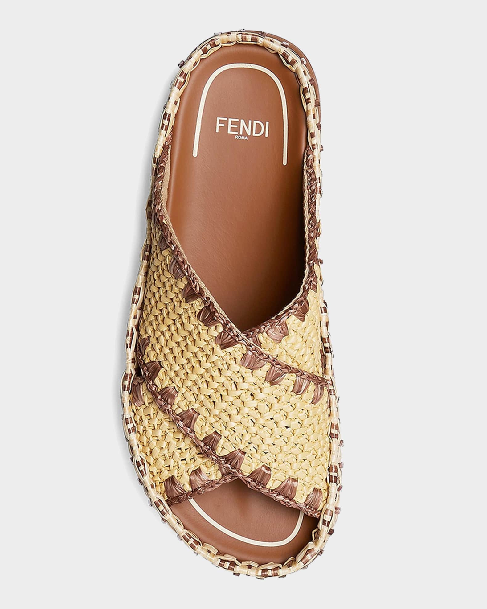 Fendi Raffia Crisscross Flat Slide Sandals | Neiman Marcus