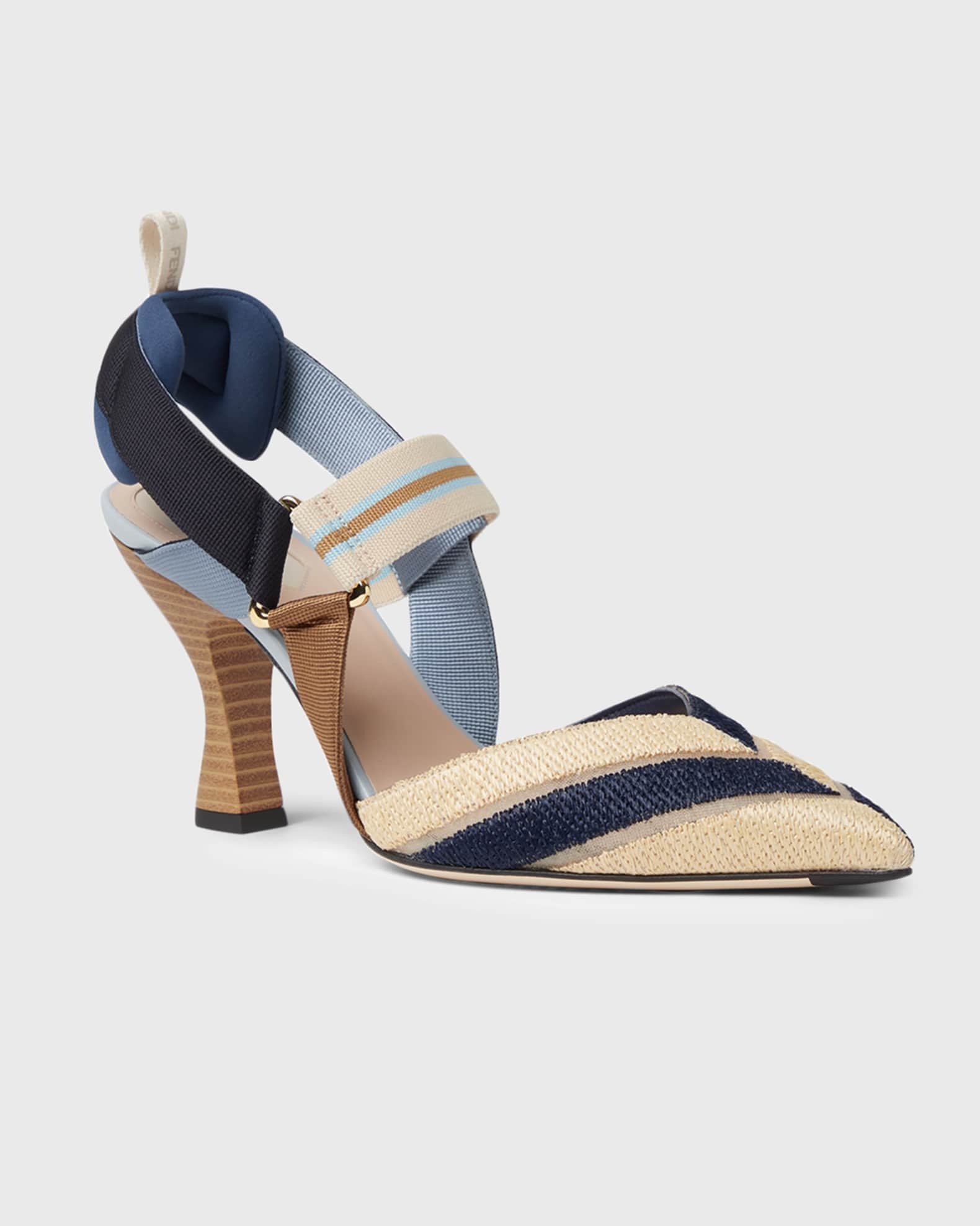 Fendi 85mm Colibri Mixed-Media Raffia Slingback Pumps | Neiman Marcus