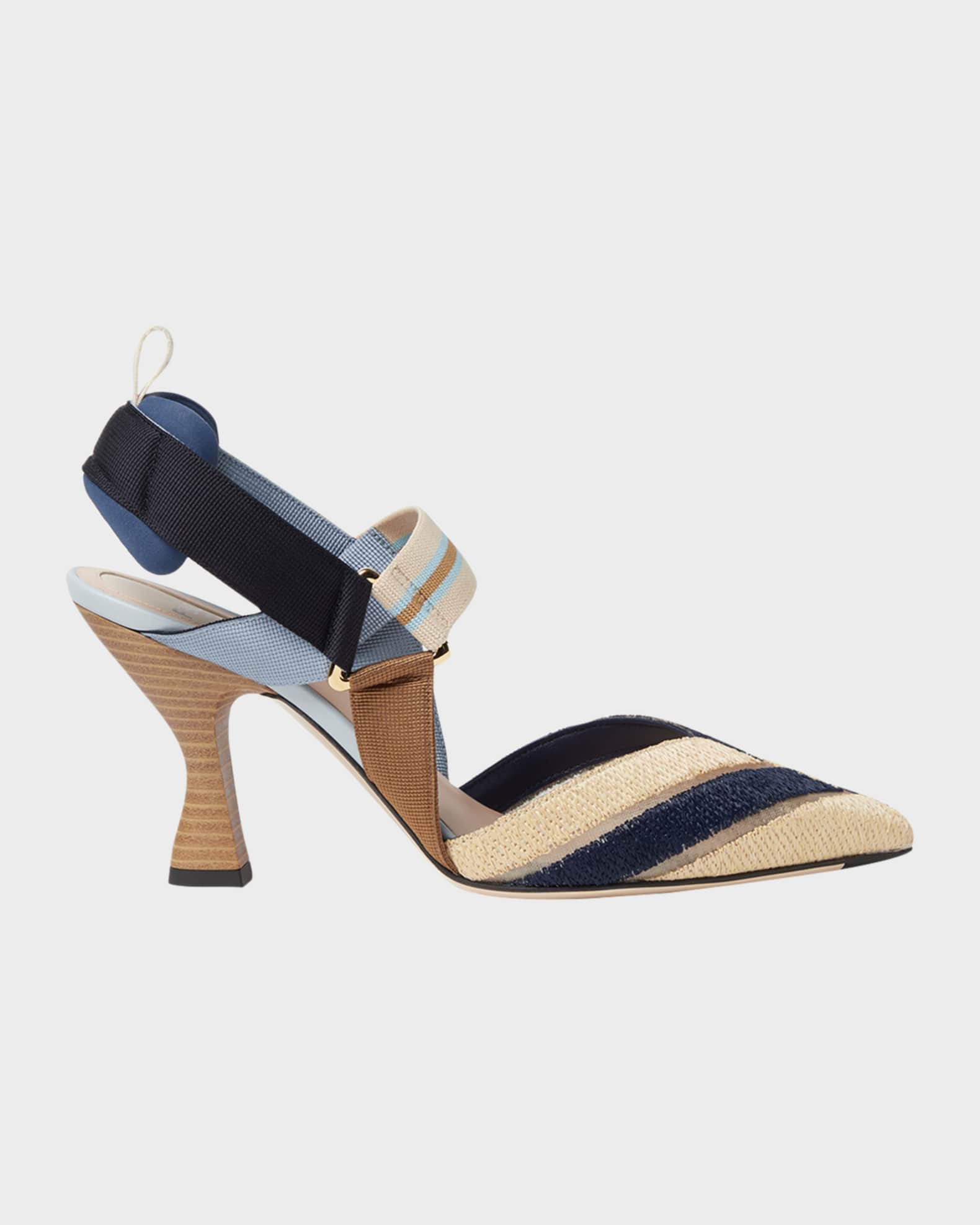 Fendi 85mm Colibri Mixed-Media Raffia Slingback Pumps | Neiman Marcus