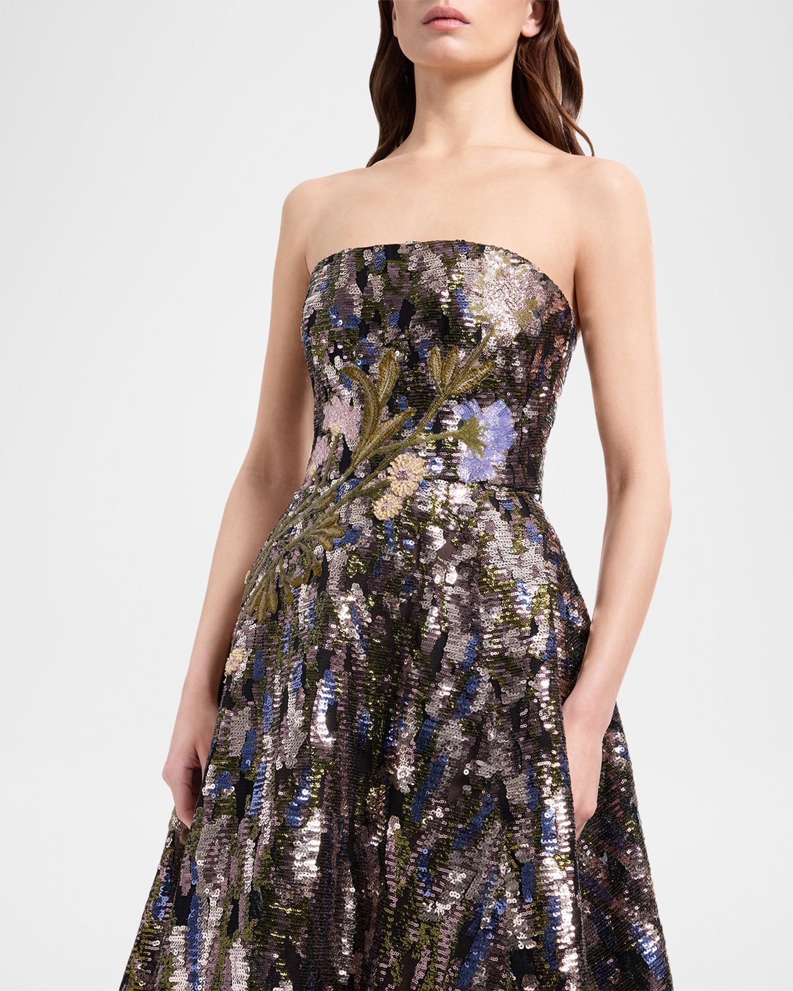 Elie Saab Floral Sequined Strapless A-Line Gown