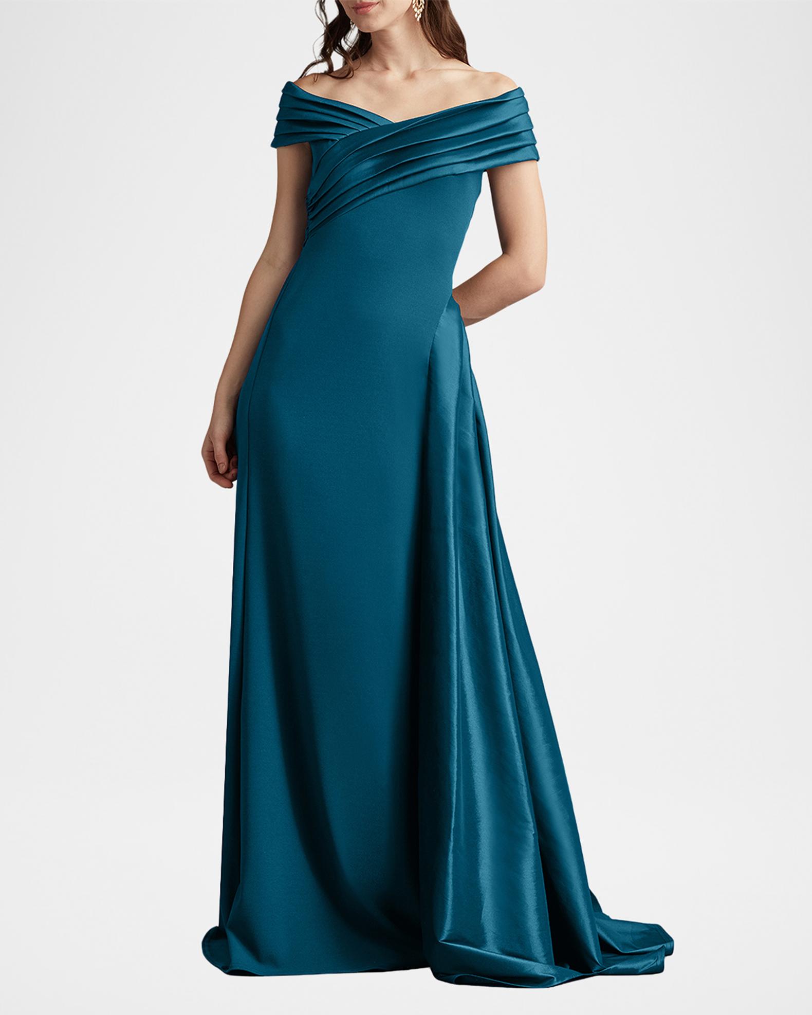 Tadashi Shoji Off-Shoulder Draped Crepe Gown | Neiman Marcus
