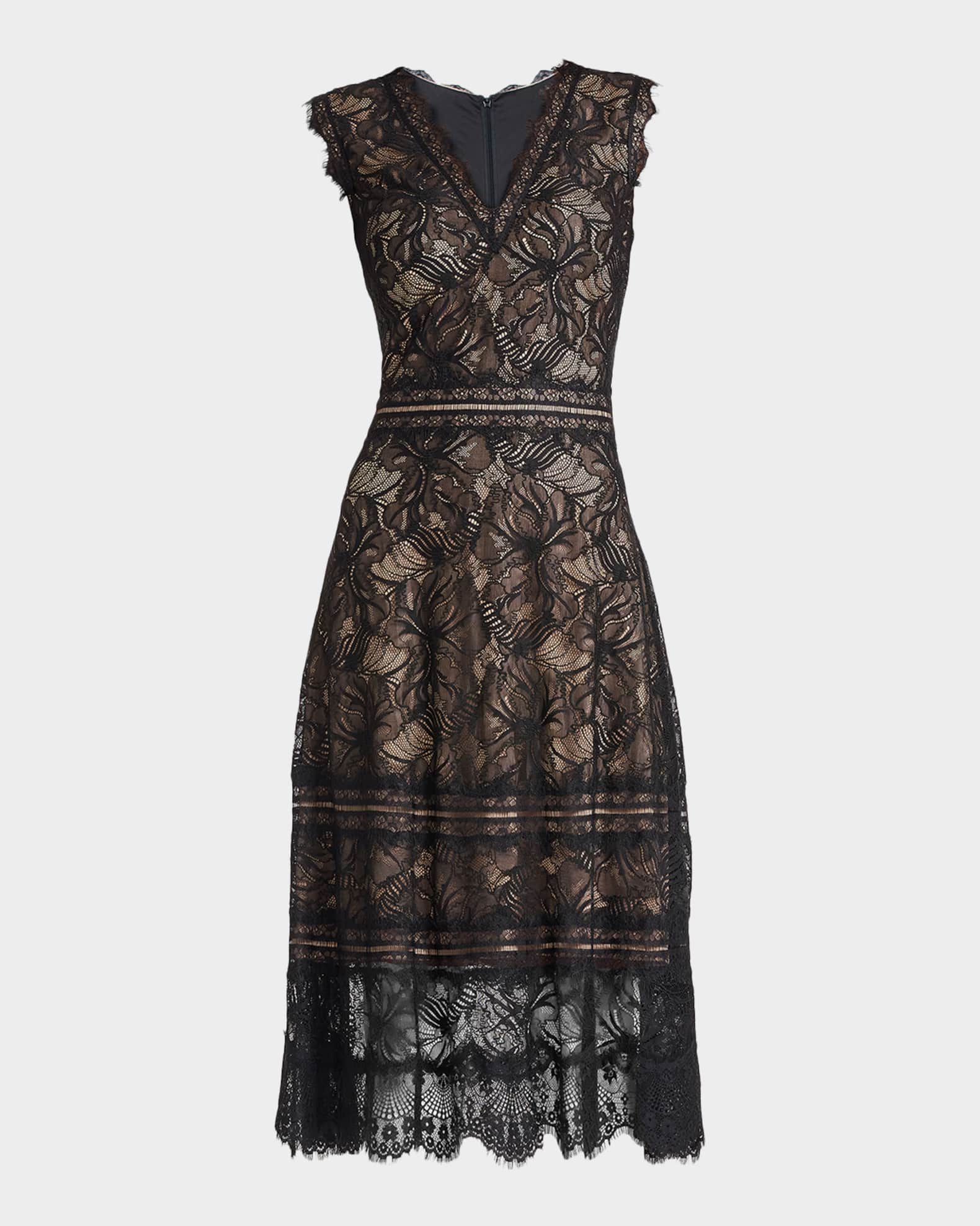 Tadashi Shoji Women's Lace Fit & Flare Midi-Dress - Black Tan - Size 16