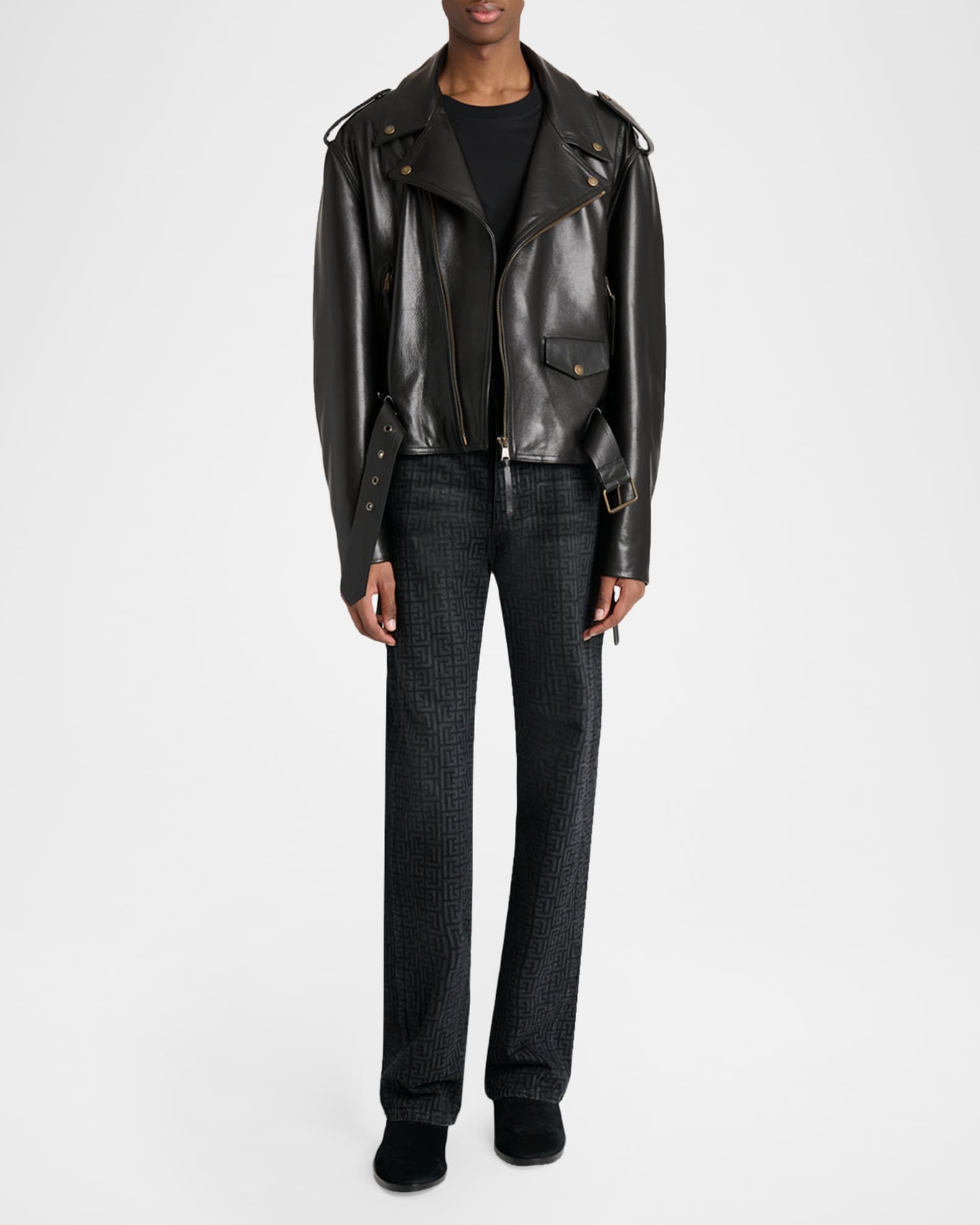 BALMAIN ブラックレザー ジャケット M Balmain Men's Cowskin Belted Biker Jacket | Neiman Marcus