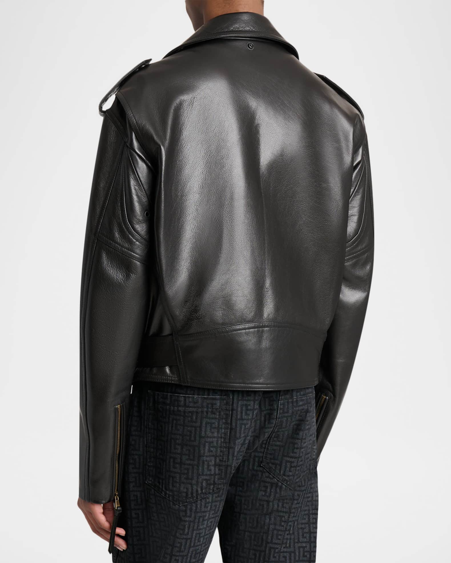 BALMAIN ブラックレザー ジャケット M Balmain Men's Cowskin Belted Biker Jacket | Neiman Marcus