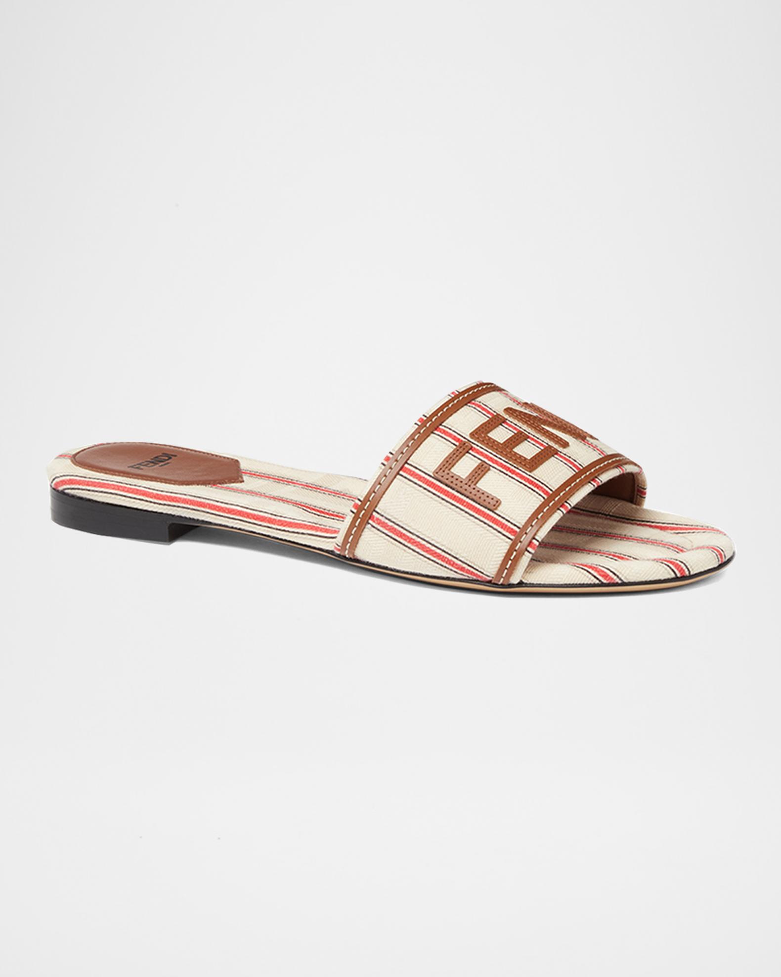 Fendi Logo Striped Canvas Slide Sandals | Neiman Marcus