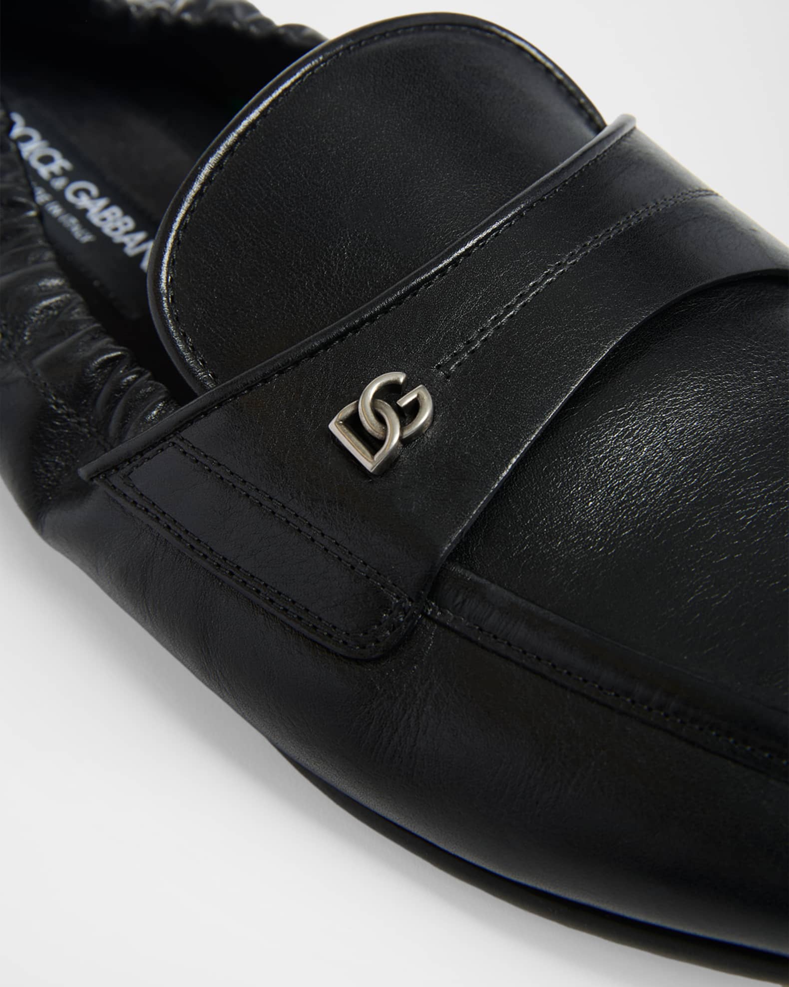Dolce&Gabbana Men's Leather DG-Logo Elastic Penny Loafers | Neiman
