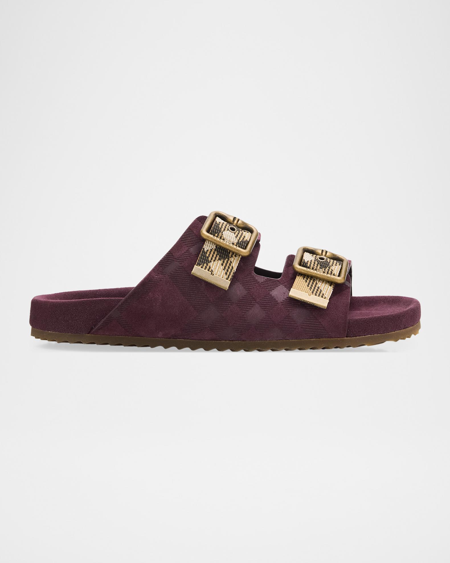 Burberry Urchin Suede Dual-Buckle Slide Sandals | Neiman Marcus