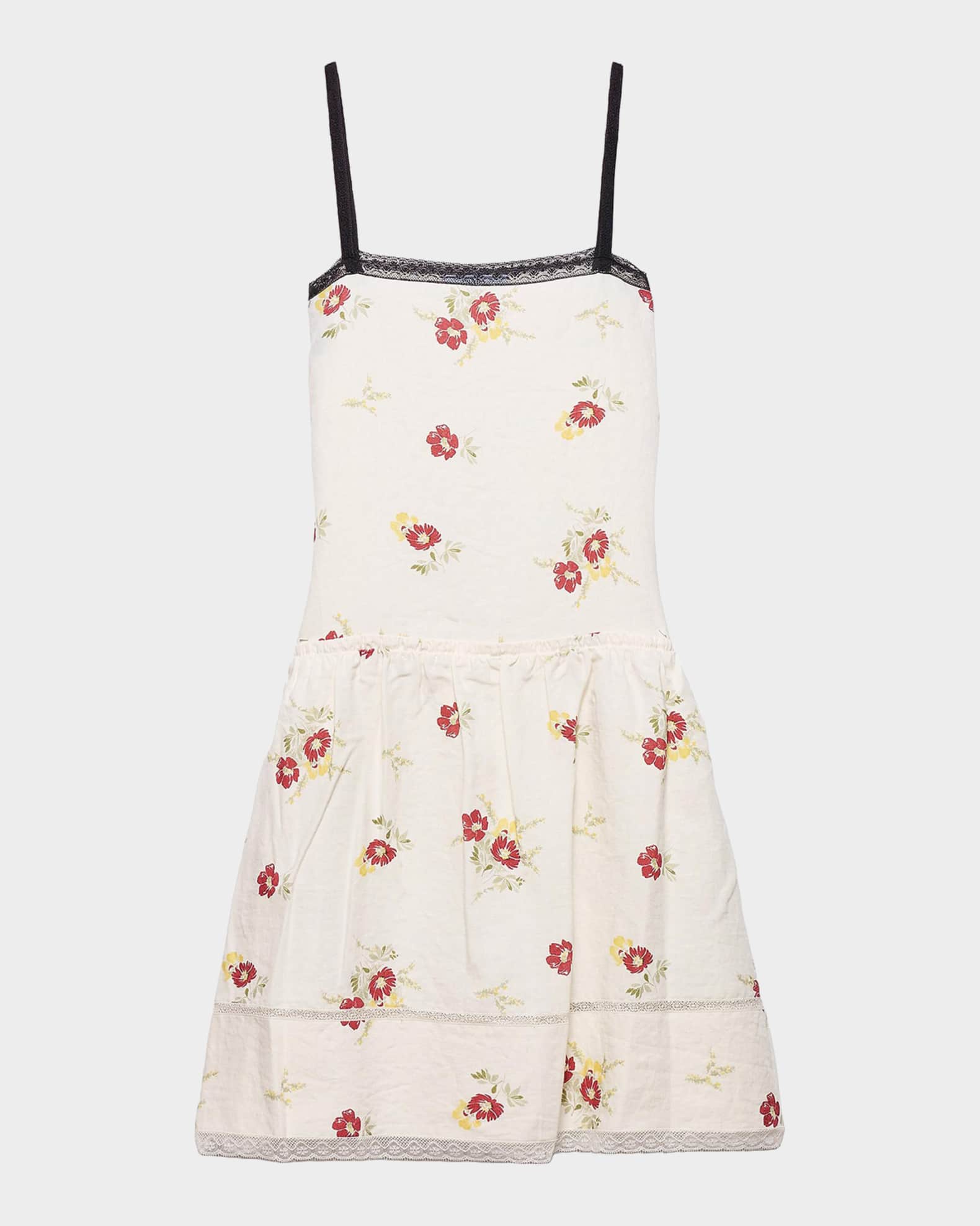 Prada Linen Floral Mini Dress - Red - 38S