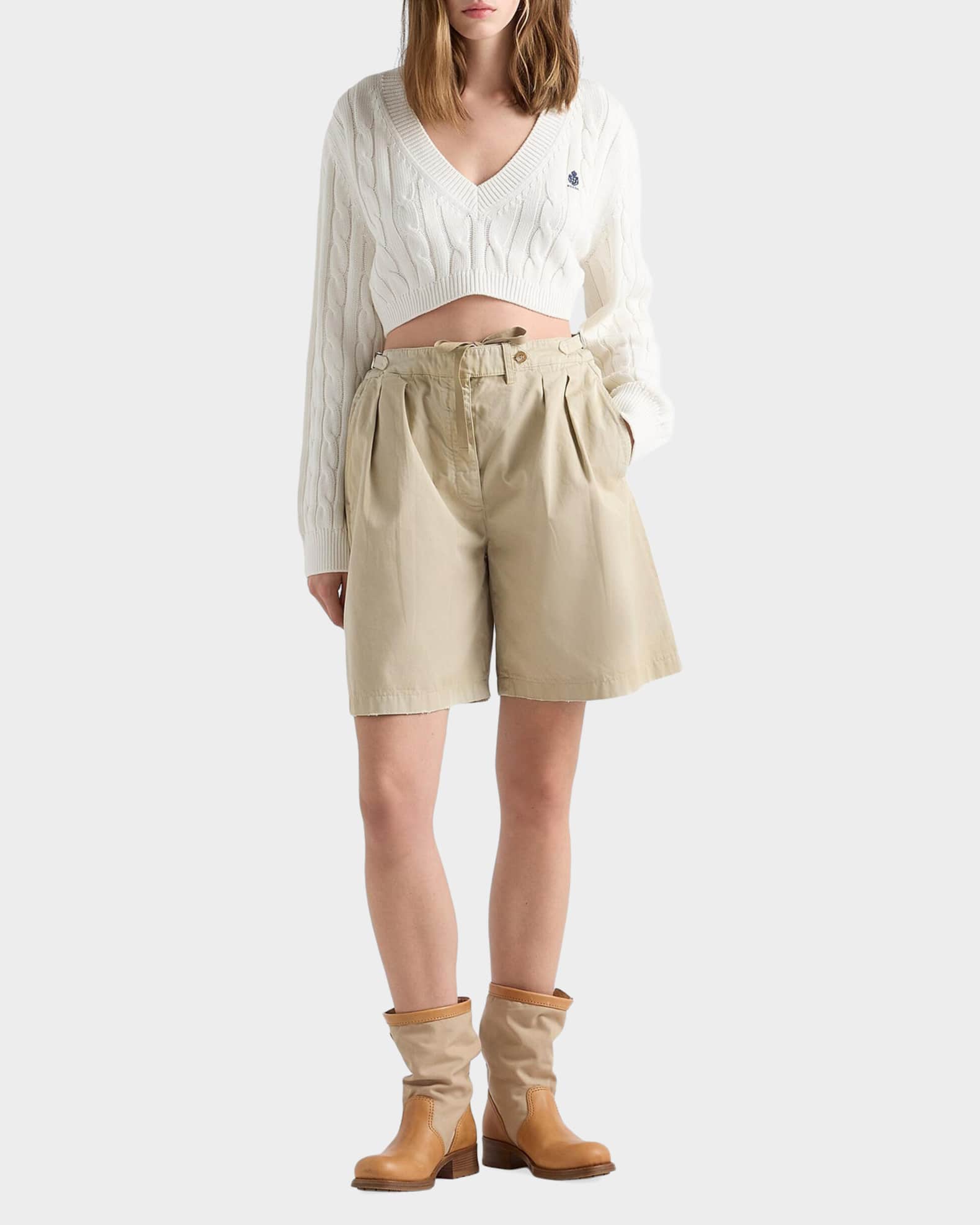 Prada V-Neck Cropped Cotton Sweater | Neiman Marcus