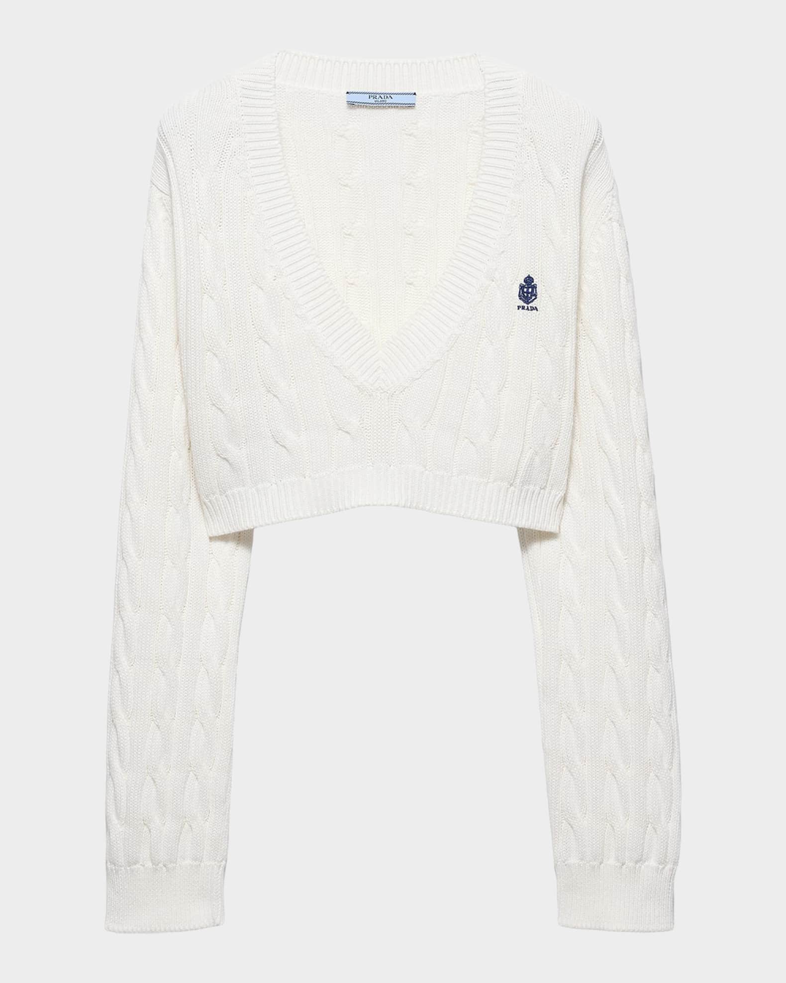 Prada V-Neck Cropped Cotton Sweater | Neiman Marcus
