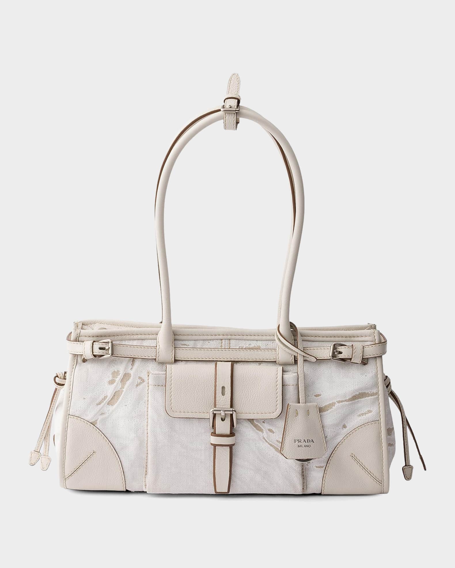 Prada Bonnie Medium Printed Linen and Leather Top Handle Bag