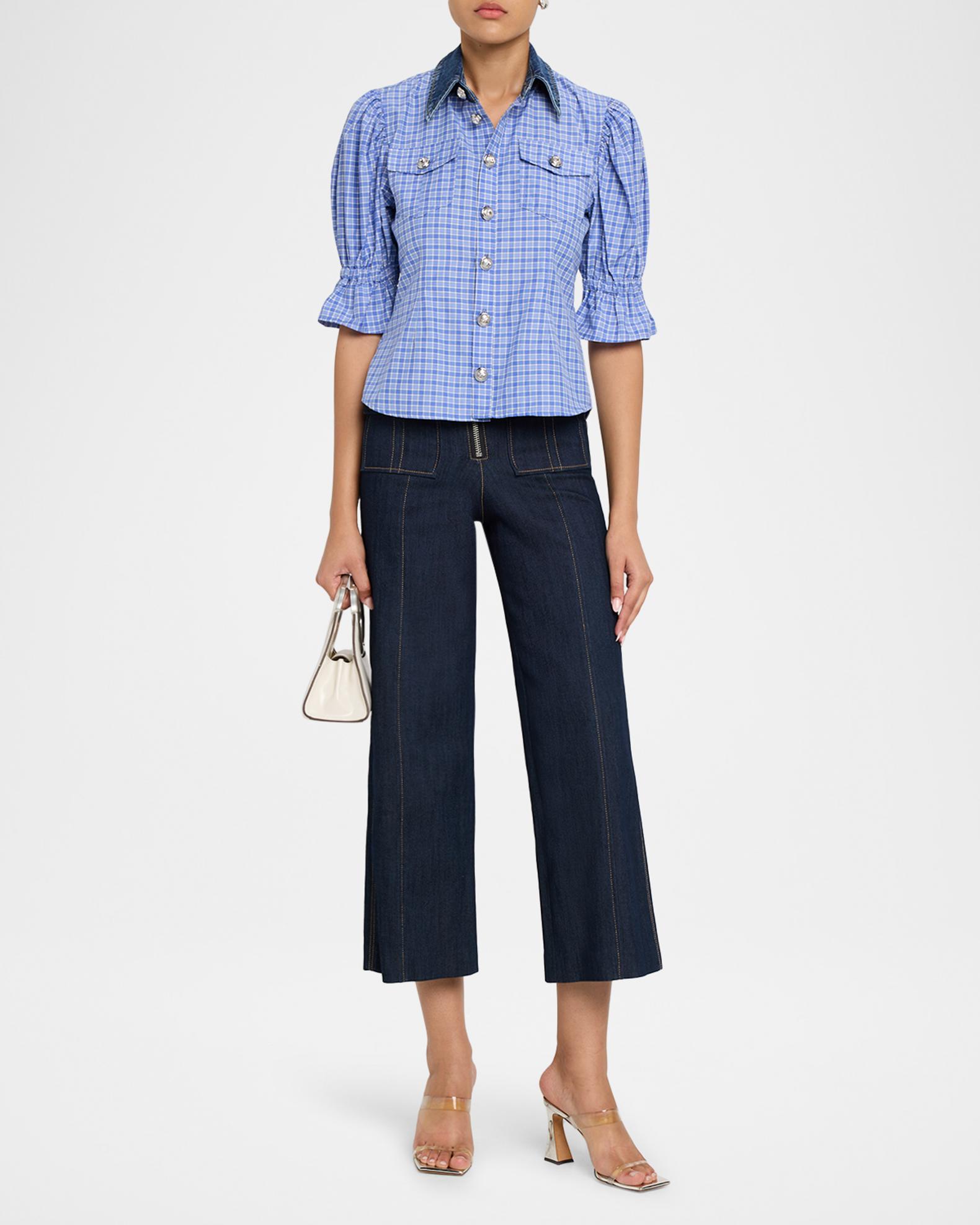 Cinq à Sept Keely Denim-Collar Gingham Top | Neiman Marcus