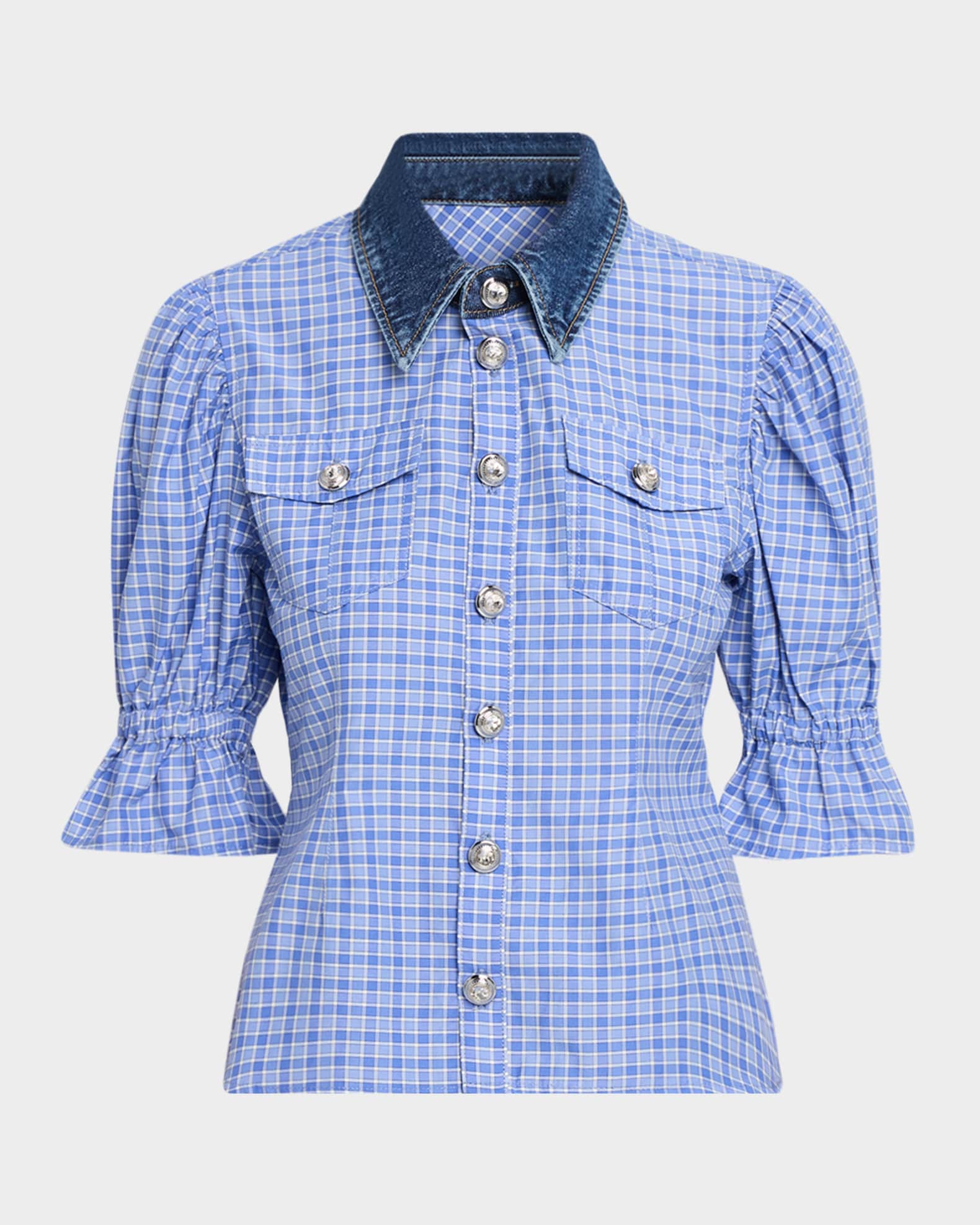 Cinq a Sept Keely Denim-Collar Gingham Top | Neiman Marcus