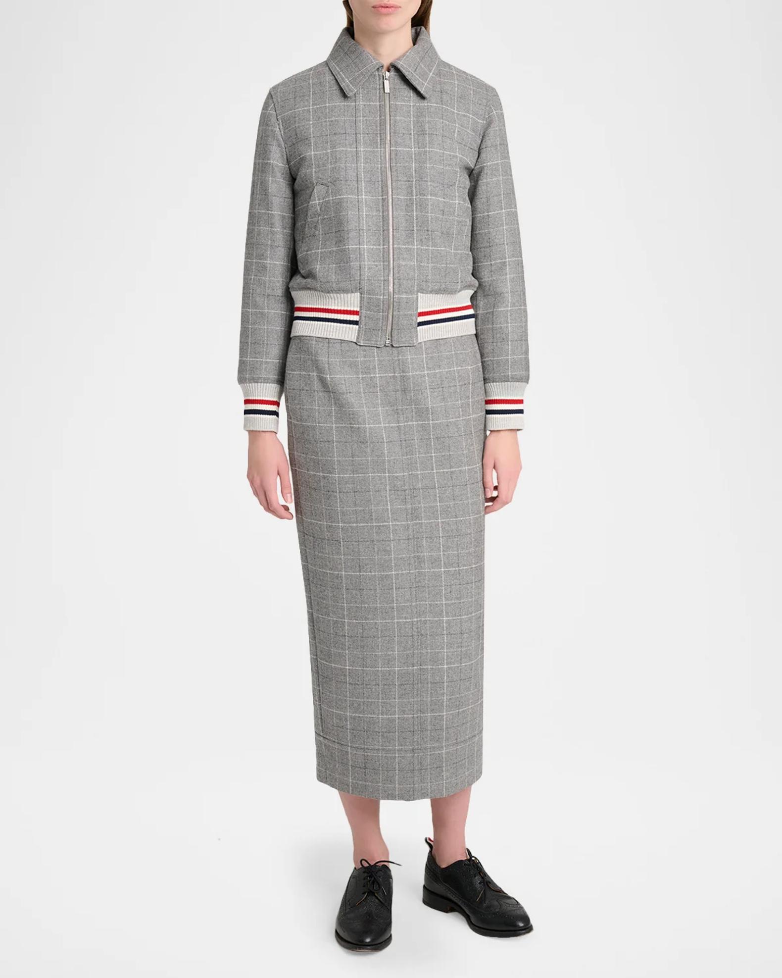 Thom Browne Windowpane Check Wool Zip Jacket With Stripe Trim