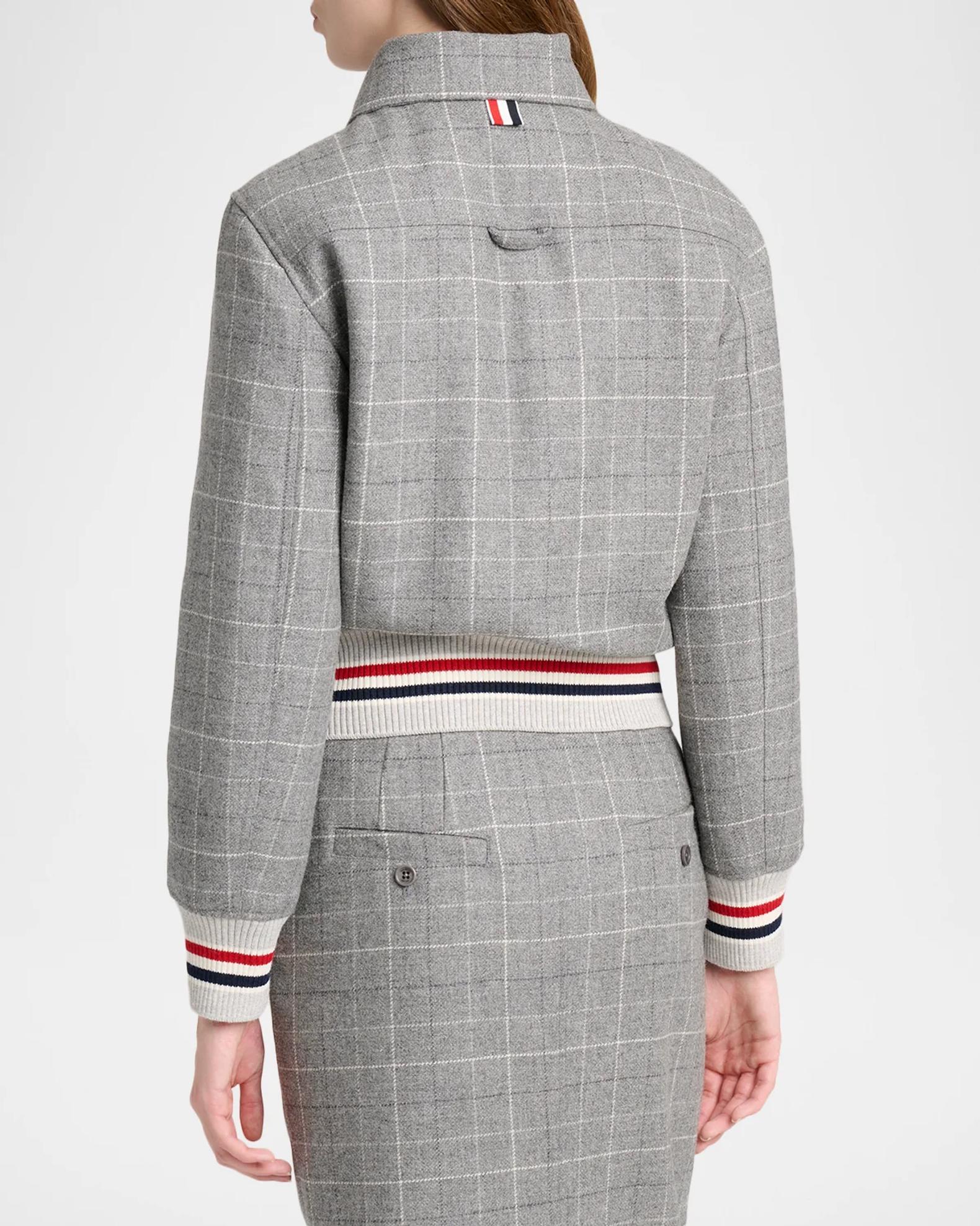 Thom Browne Windowpane Check Wool Zip Jacket With Stripe Trim